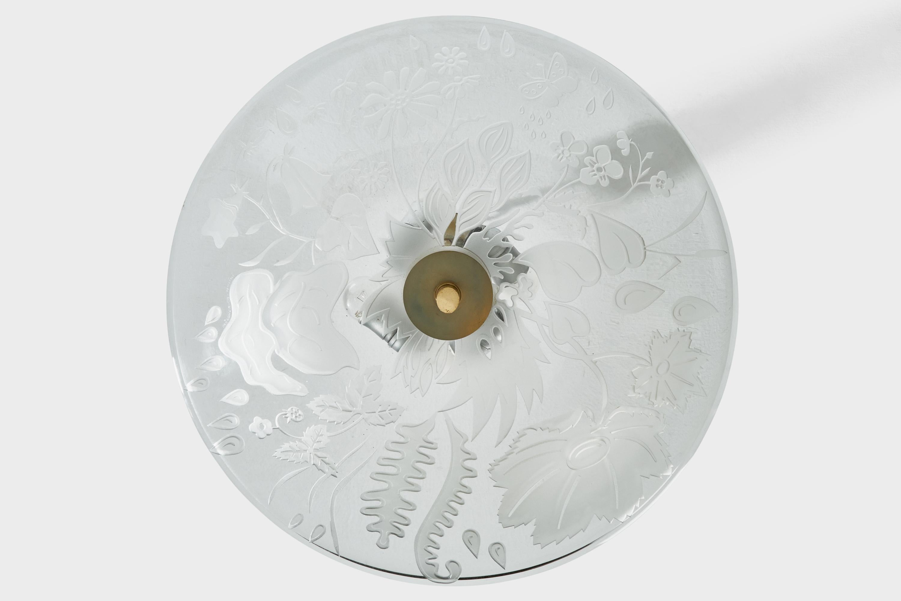 A brass and etched glass pendant light designed by Bo Notini and produced by Glössner, Sweden, c. 1940s.

Overall Dimensions (inches): 21” H x 22” Diameter

Dimensions of Canopy: 3.75” H x 3.75” Diameter 

Stem length: 14.5” H

Bulb Specifications: