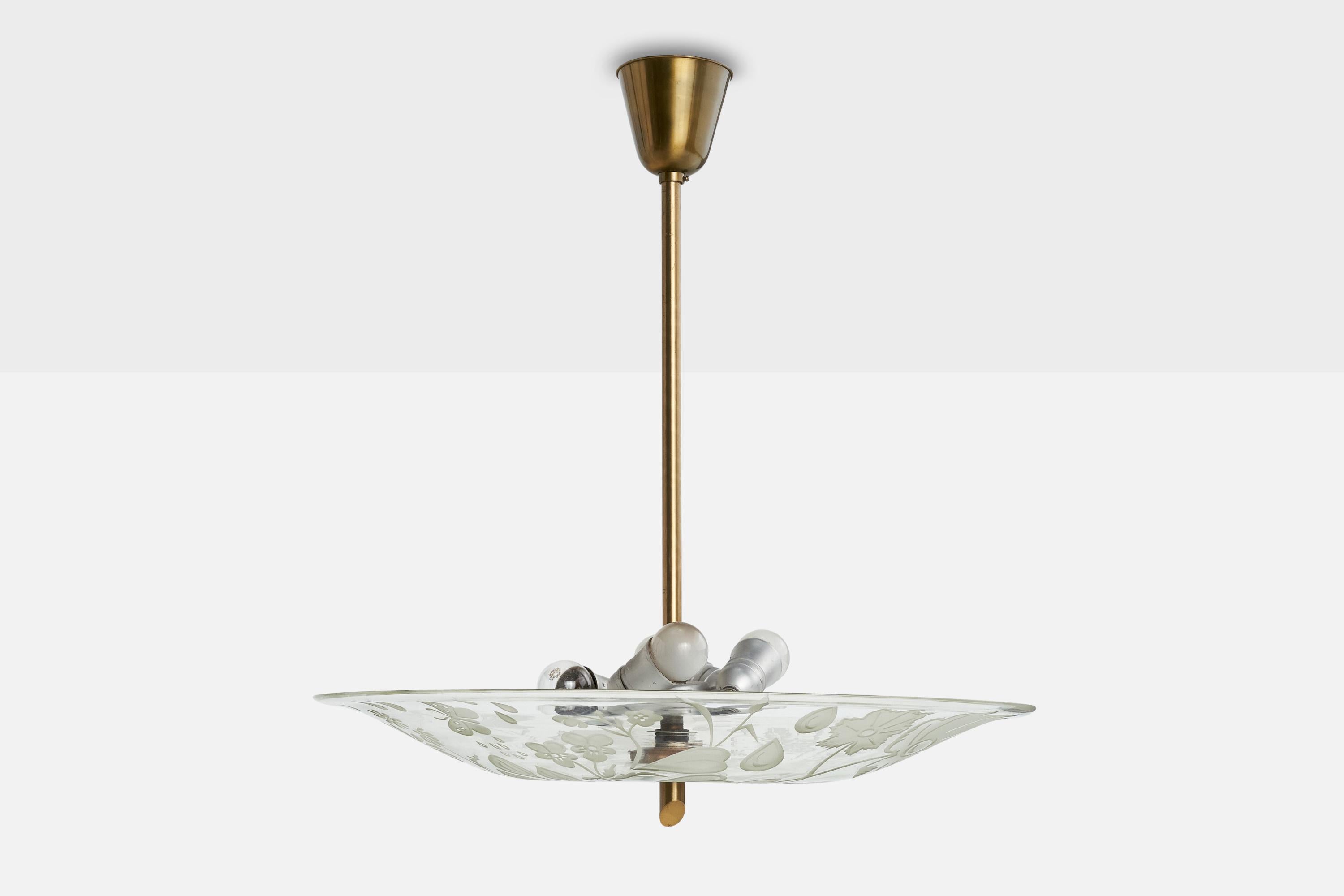 Scandinavian Modern Bo Notini, Pendant Light, Brass, Glass, Sweden, 1940s For Sale