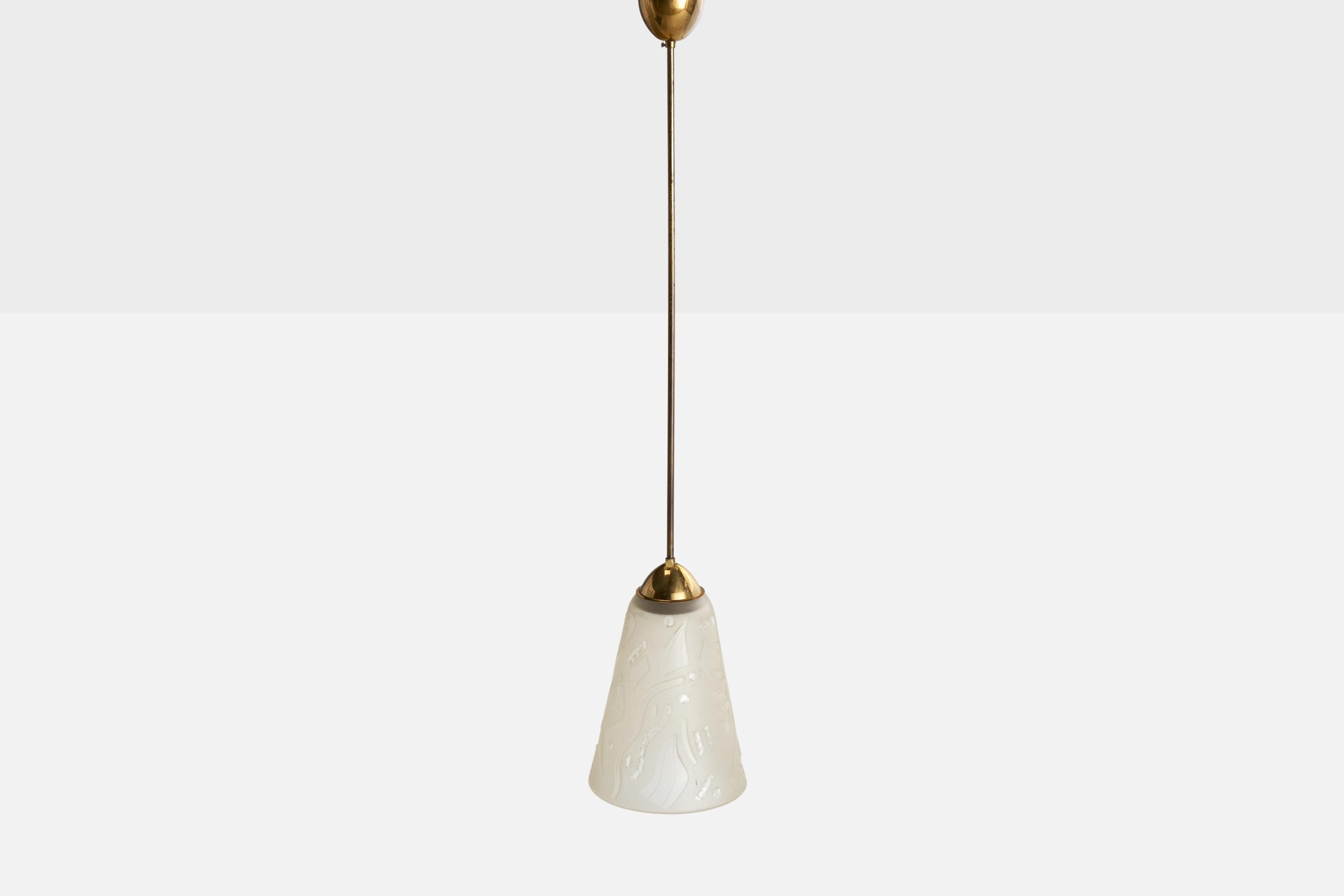 Swedish Bo Notini, Pendant Light, Brass, Glass, Sweden, 1940s For Sale