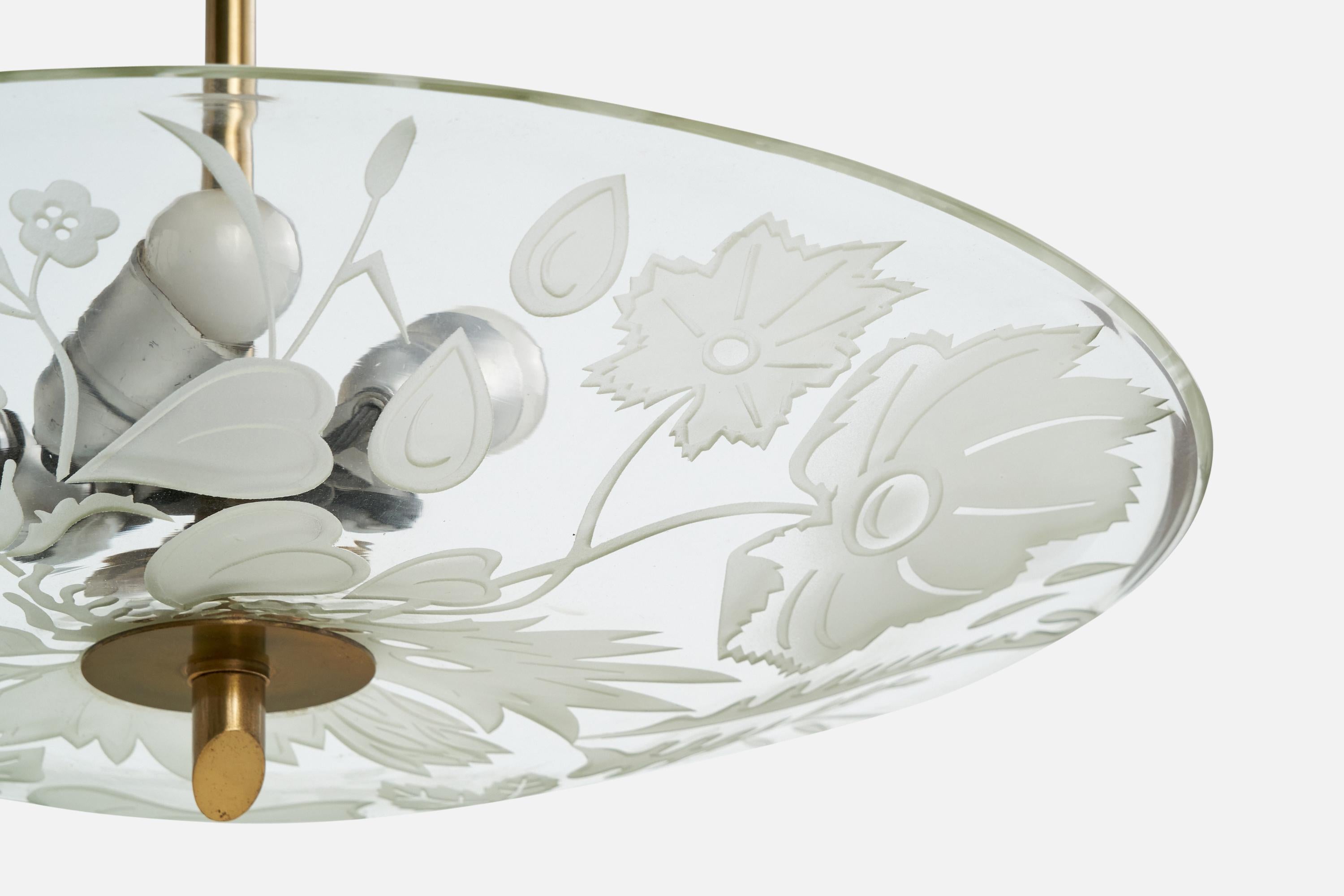 Swedish Bo Notini, Pendant Light, Brass, Glass, Sweden, 1940s For Sale