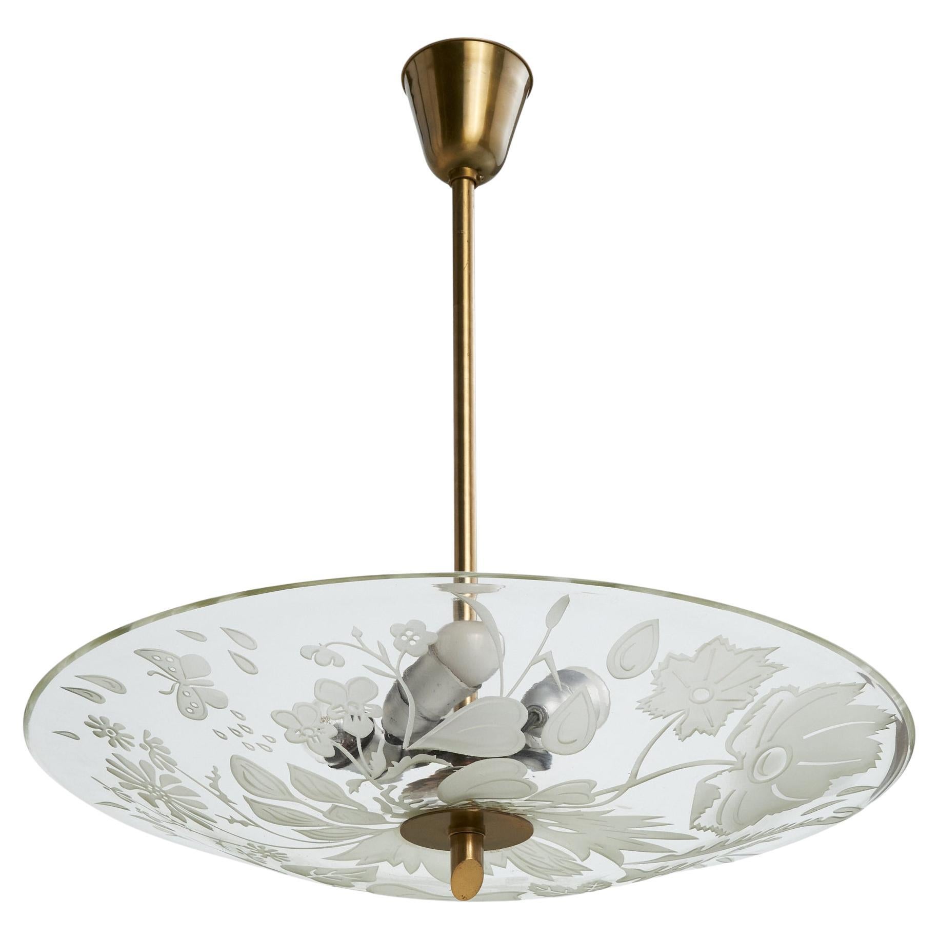 Bo Notini, Pendant Light, Brass, Glass, Sweden, 1940s
