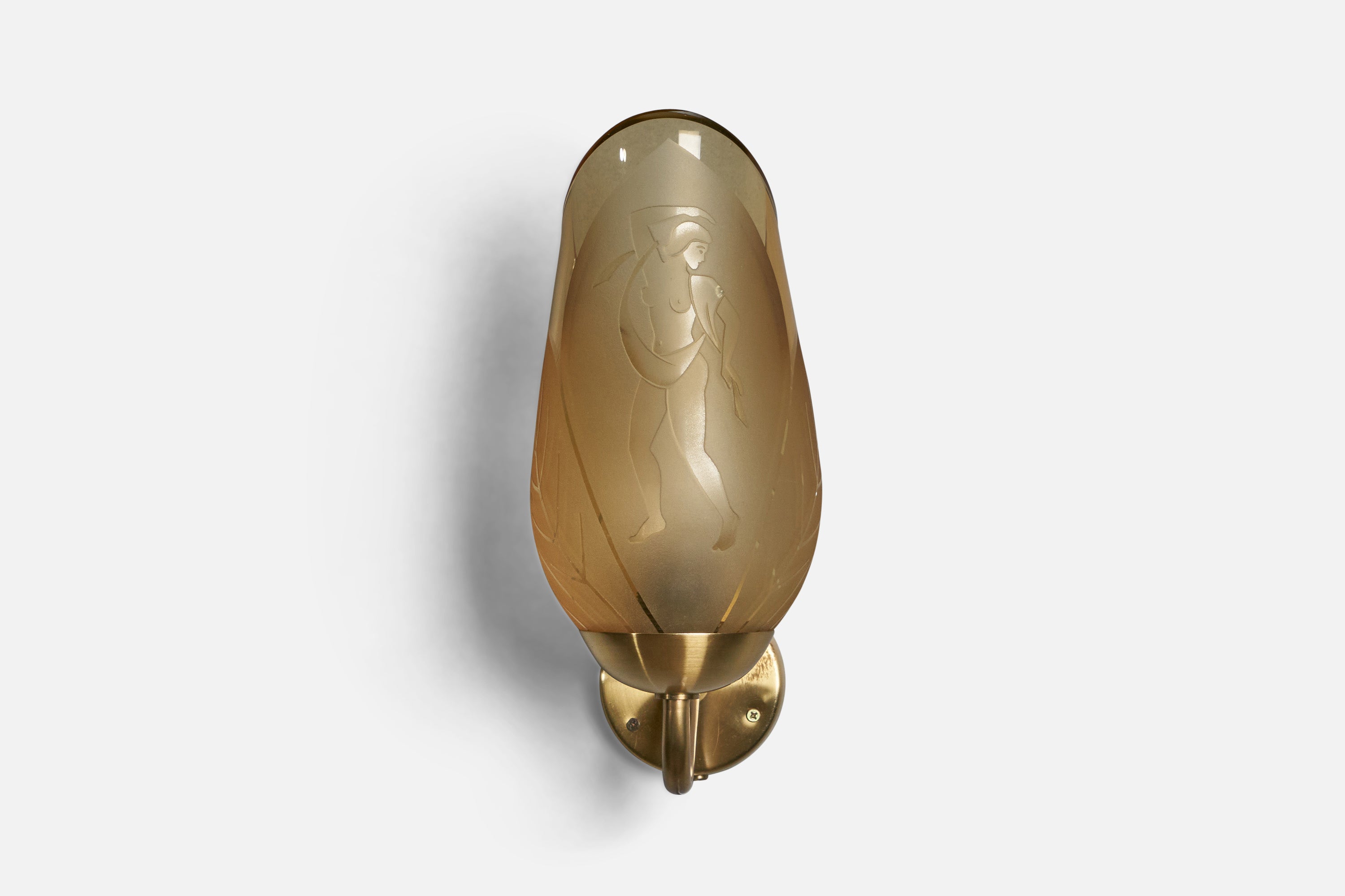 A brass and etched glass wall light, designed by Bo Notini and produced by Glössner, Sweden, 1940s.

Overall Dimensions (inches): 12