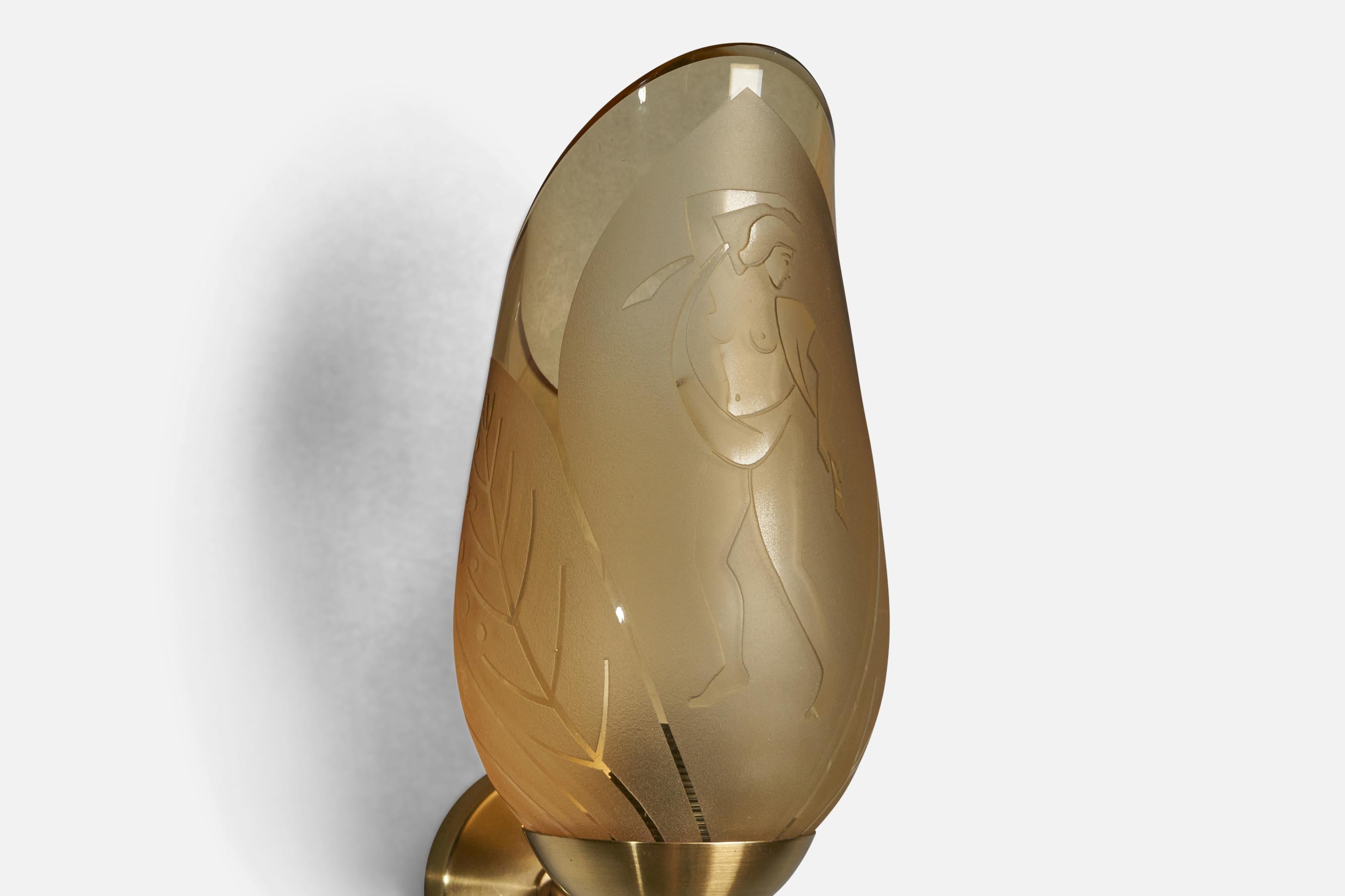 Swedish Bo Notini, Wall Light, Brass, Glass, Sweden, 1940s For Sale
