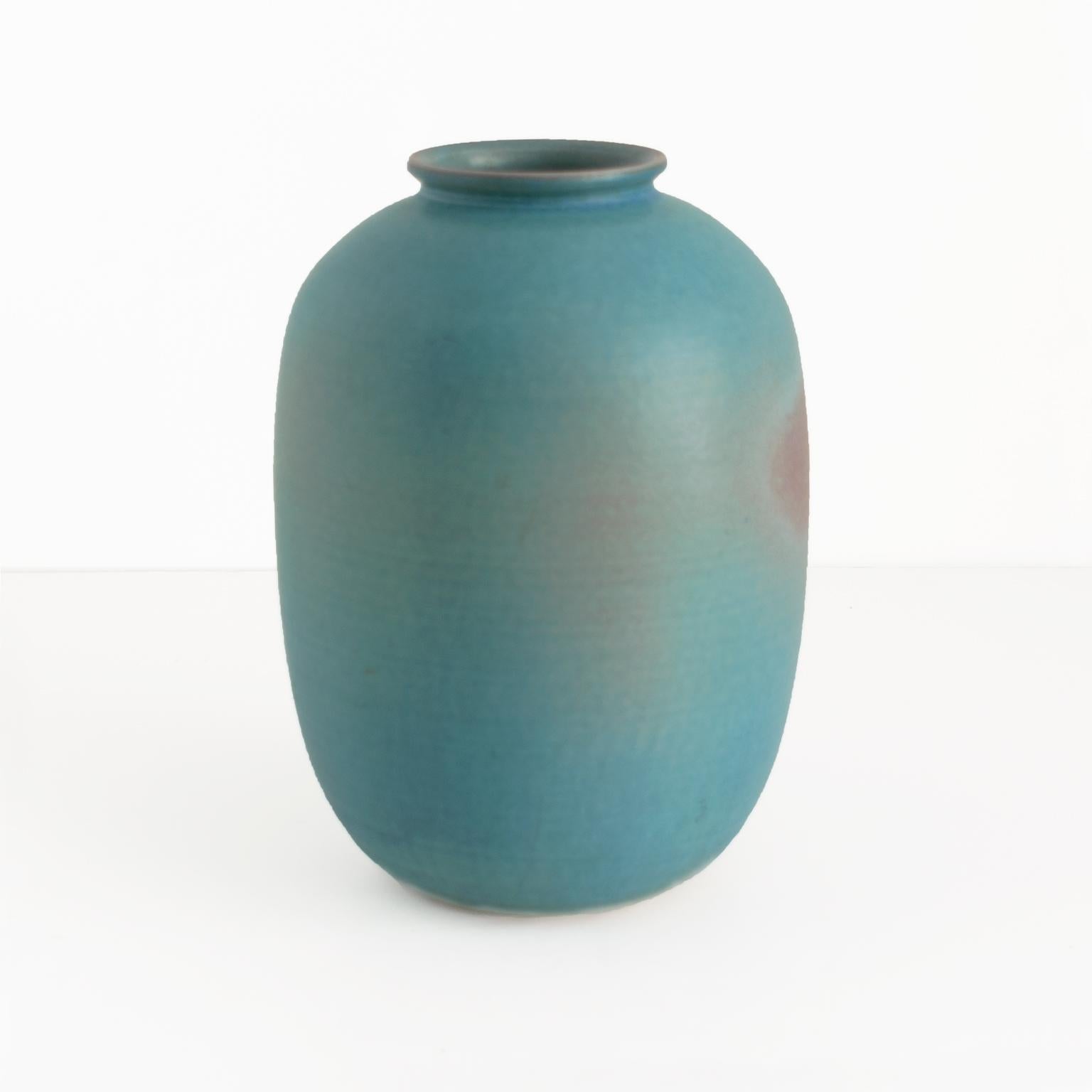 Hand-Crafted Bo Scullman Unique Vase in Muted Turquoise and Violet For Sale