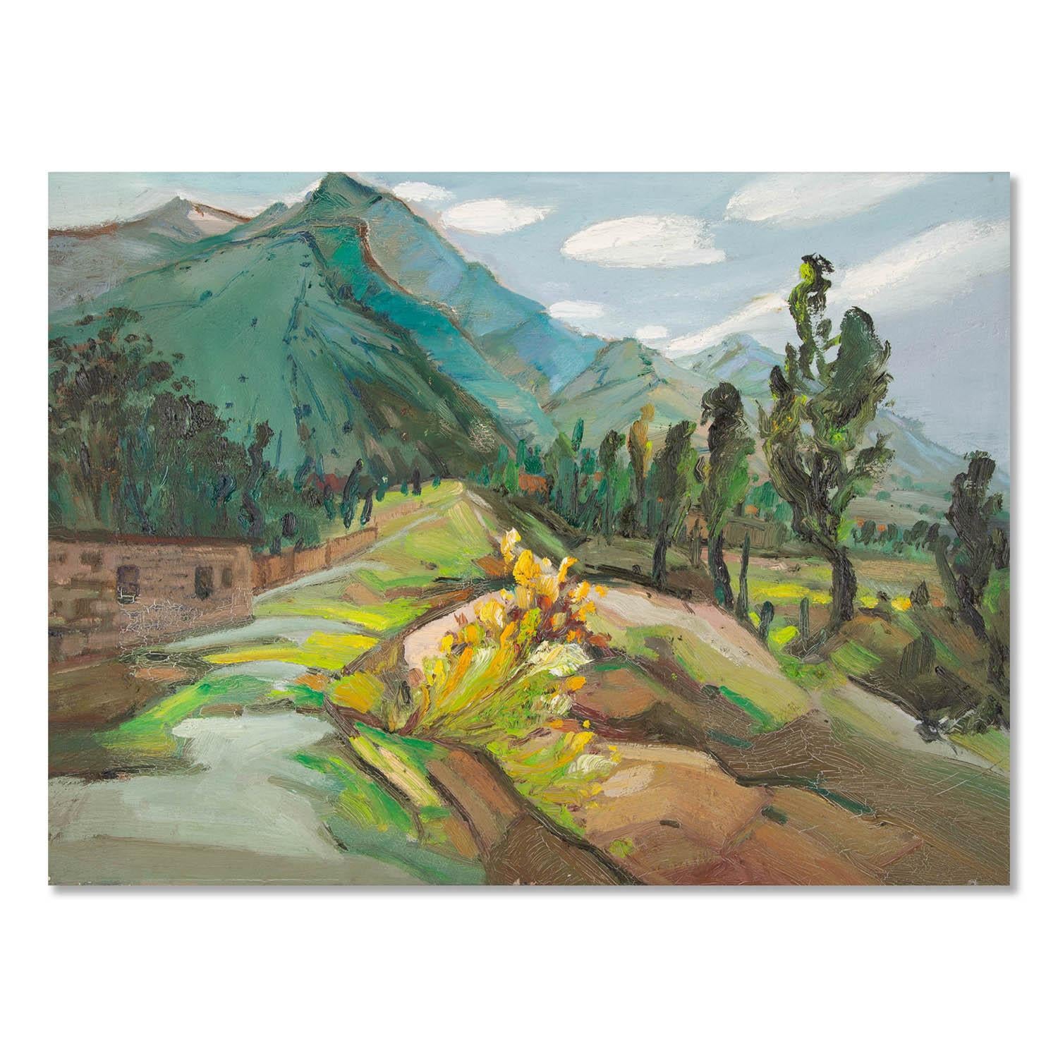  Title: Mountain Zhongtiao
 Medium: Oil on canvas
 Size: 23 x 30.5 inches
 Frame: Framing options available!
 Condition: The painting appears to be in excellent condition.
 
 Year: 2000 Circa
 Artist: Bo Song 
 Signature: Unsigned
 Signature