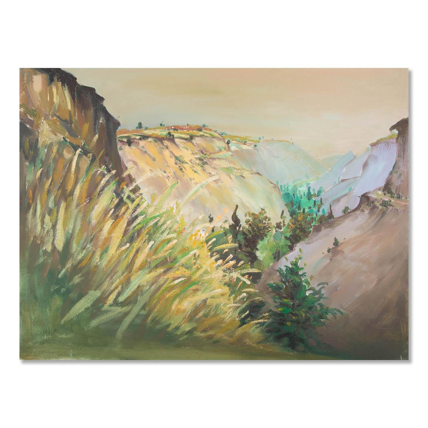  Title: Phoenix Ridge 3
 Medium: Oil on canvas
 Size: 23.5 x 31.5 inches
 Frame: Framing options available!
 Condition: The painting appears to be in excellent condition.
 
 Year: 2000 Circa
 Artist: Bo Song 
 Signature: Unsigned
 Signature