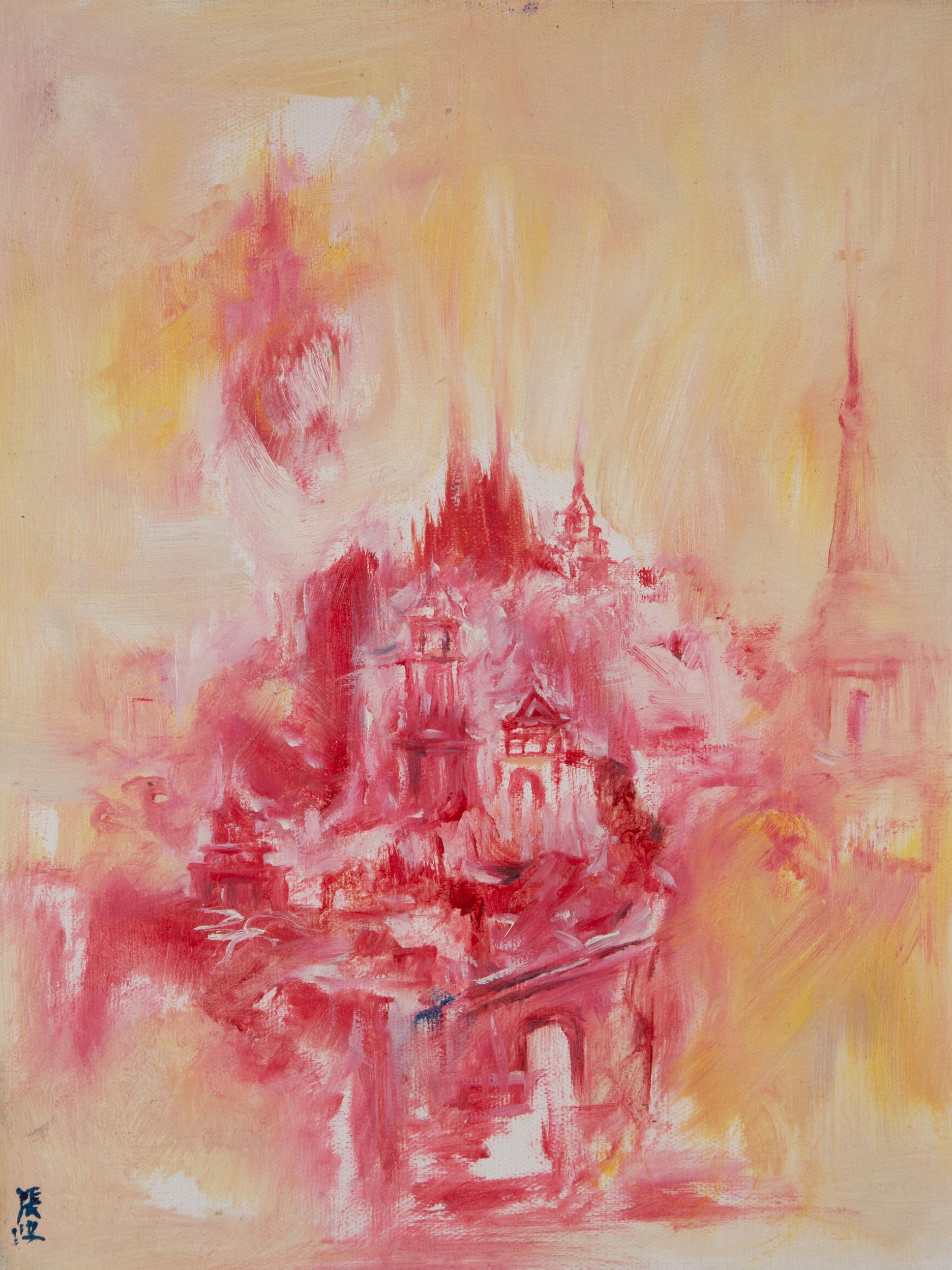 Huile sur toile abstraite originale « The Red City In My Imagination » de Bo Zhang