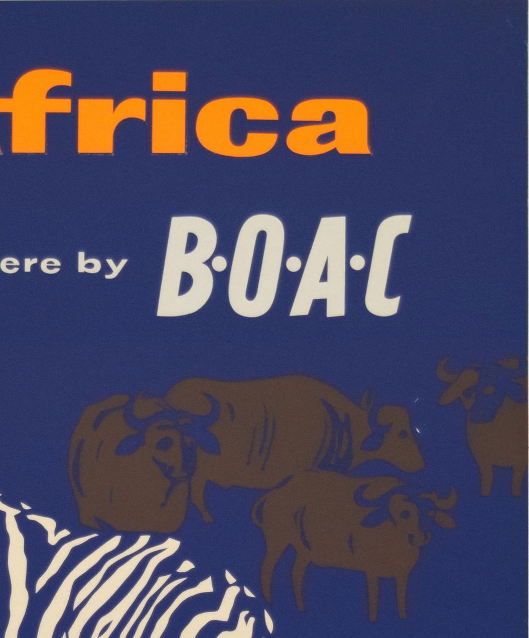 BOAC 1957 Africa travel poster. Striking, contemporary graphics feature on this fabulous midcentury British travel poster. Created by the British Overseas Airways Corporation to advertise travel to Africa. A very rare, highly collectible