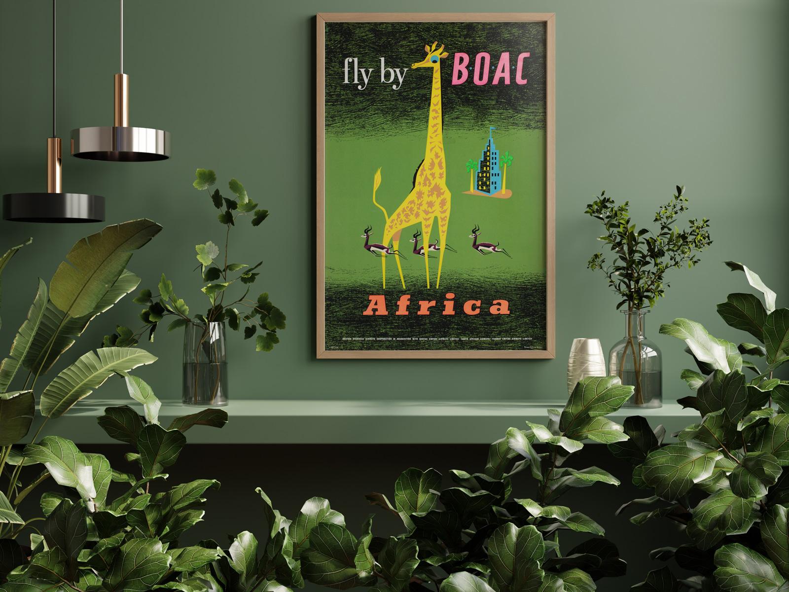 We love this original 1950s BOAC poster advertising travel to Africa. Beautifully illustrated by Maurice Laban. Striking colours.

British Overseas Airways Corporation (BOAC) was the British state-owned airline created in 1939 by the merger of