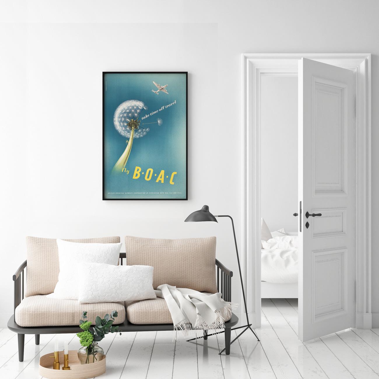Original vintage BOAC c1950s Travel Airline Poster, advertising poster. A vintage airtravel poster for the British Overseas Airways Corporation, which became British Airways in 1974 featuring a wonderful wistful design by Norman Weaver

This vintage