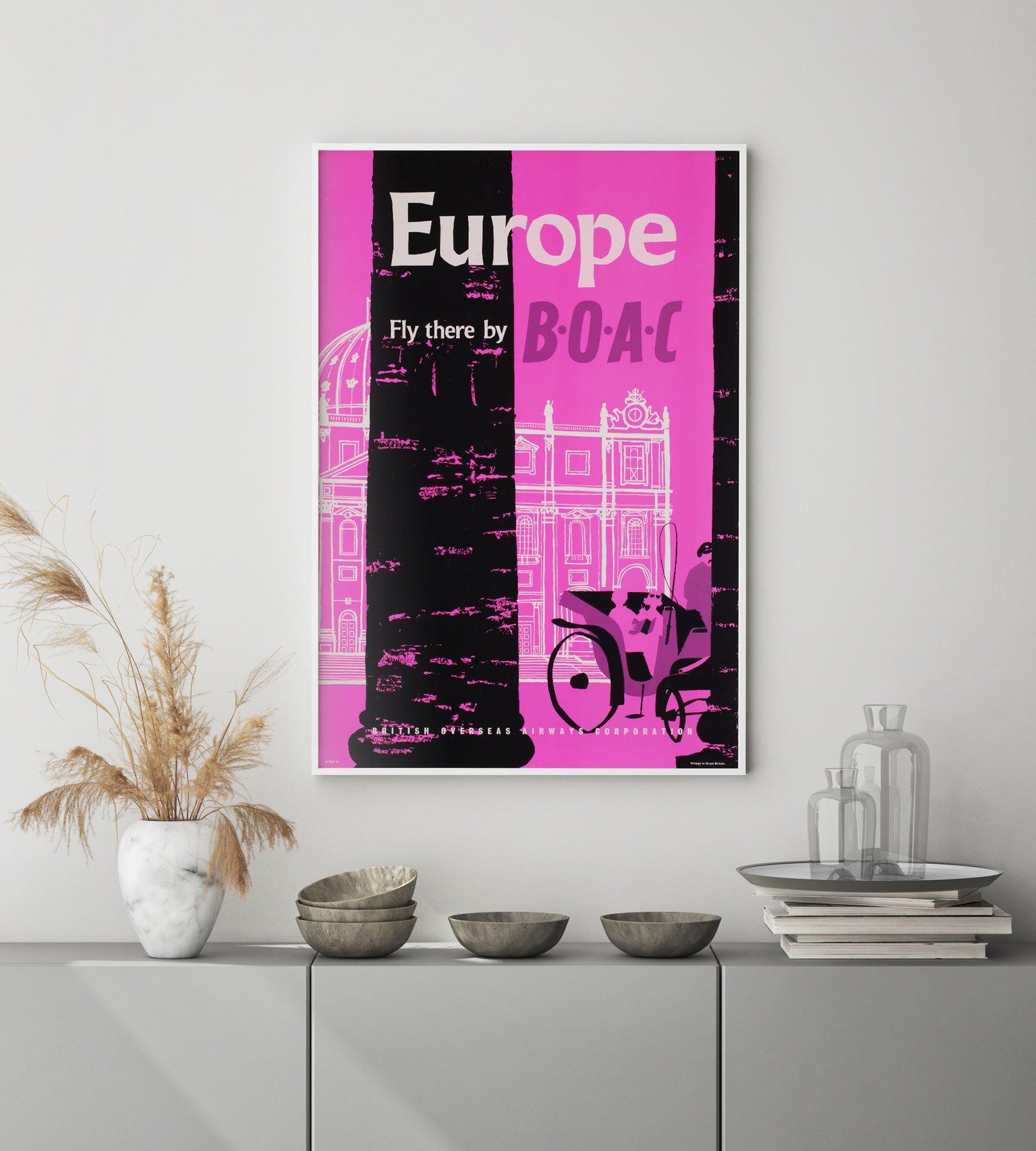 One of our favourites from the new collection. Striking neon pink c1950s travel poster for BOAC. Vibrant and eye-catching, this distinct country-of-origin poster shows off London's St. Paul's Cathedral in a new and modern style that still looks