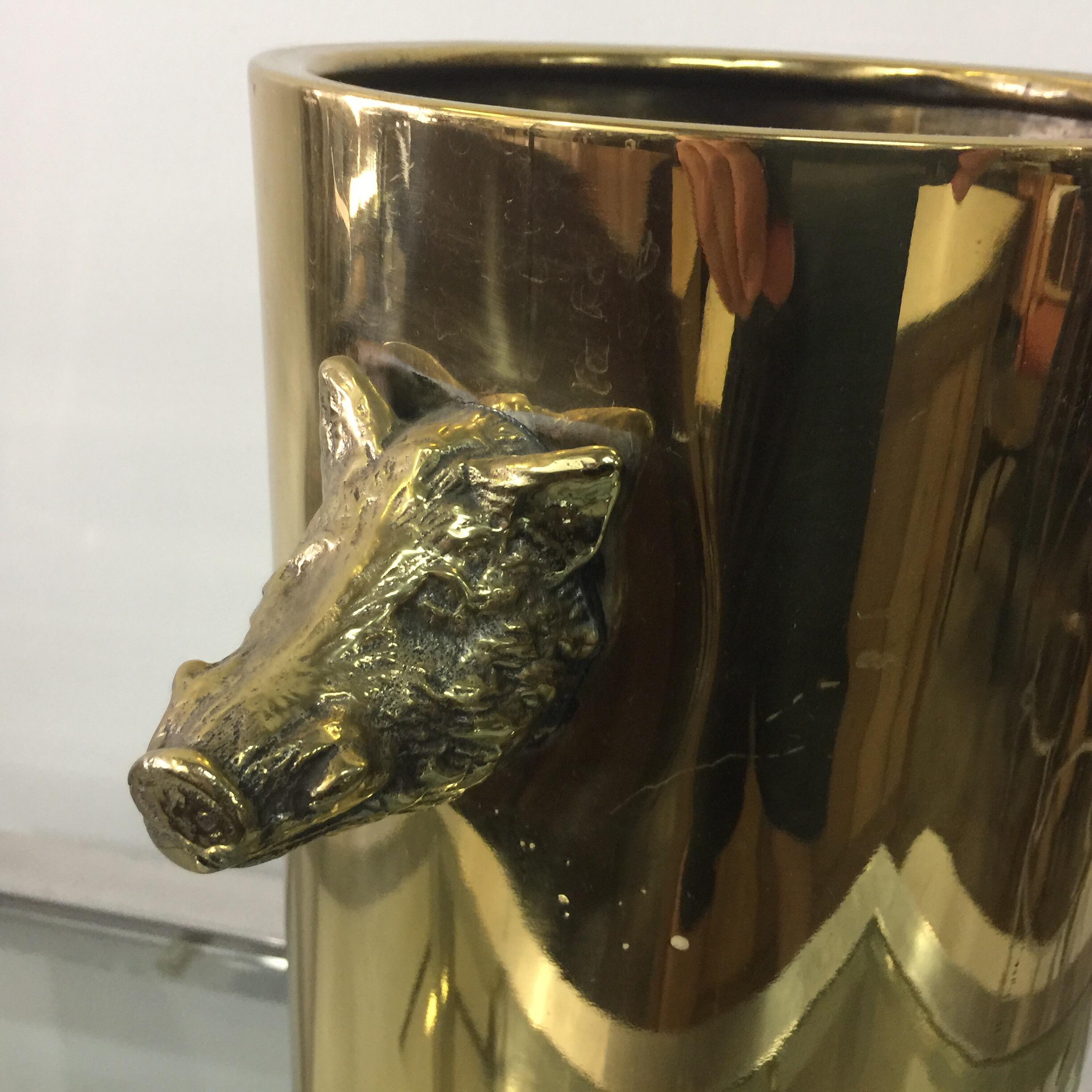 Boar Accents Brass Umbrella Bucket In Good Condition In East Hampton, NY