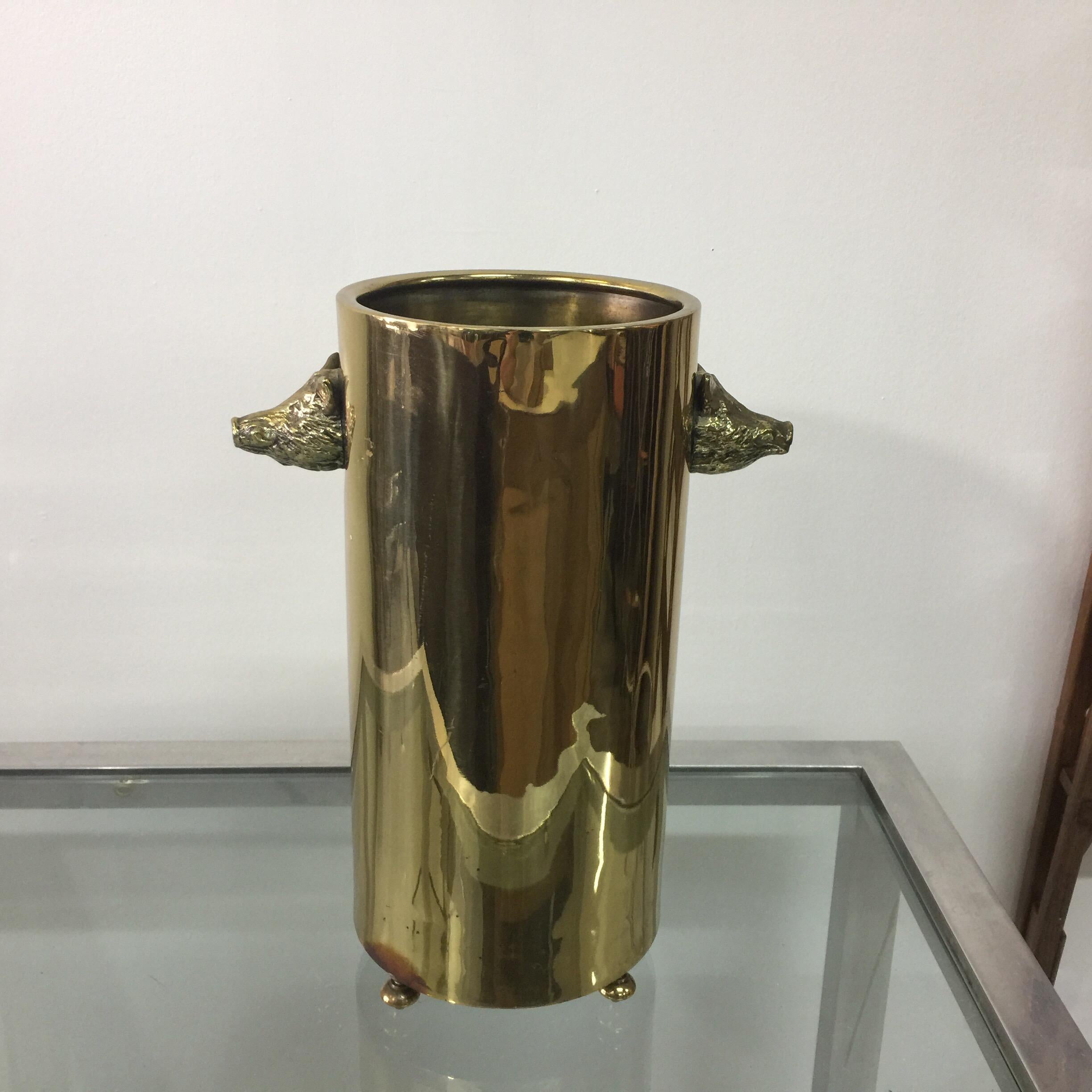 Mid-20th Century Boar Accents Brass Umbrella Bucket