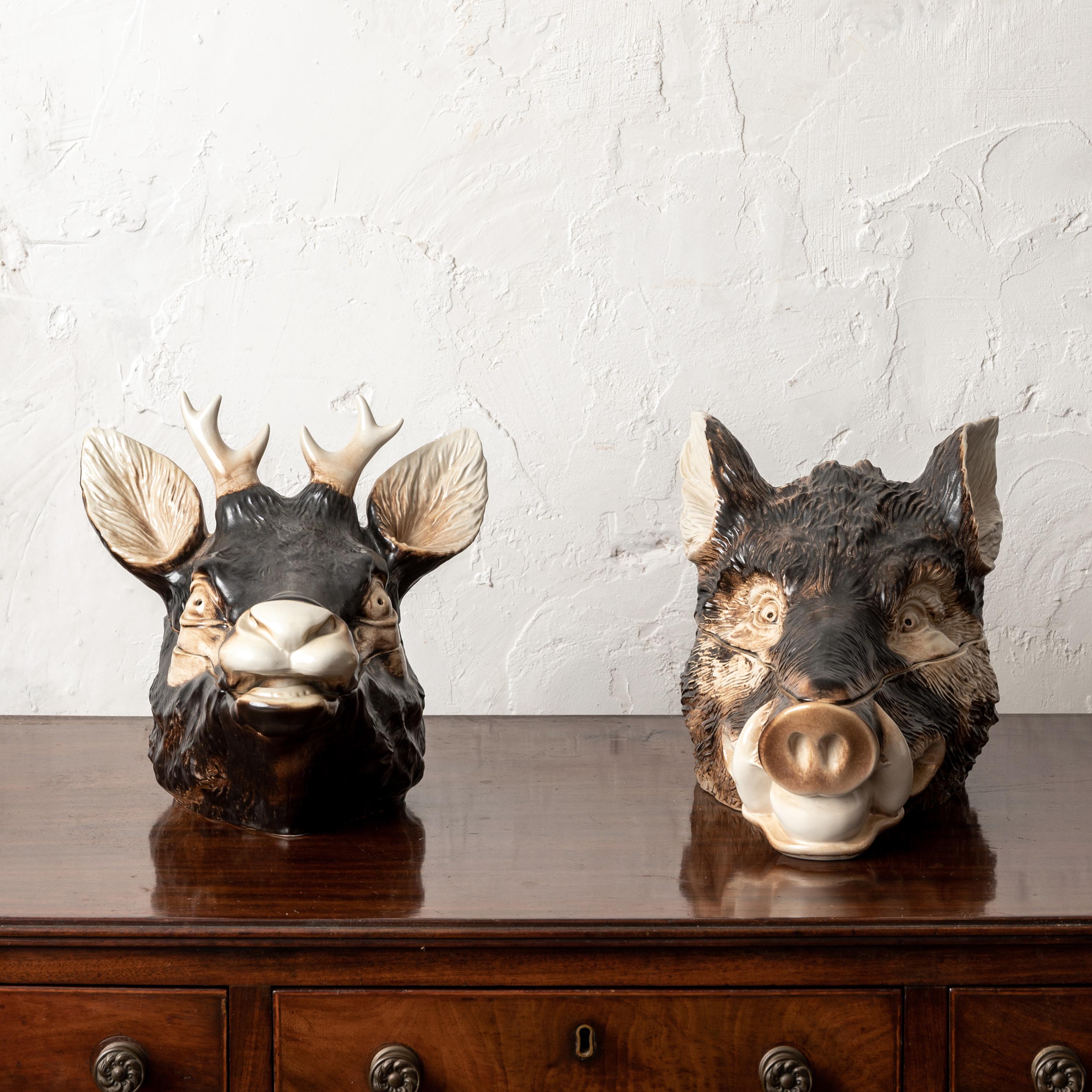 Boar and Stag Majolica Tureens In Good Condition For Sale In Savannah, GA