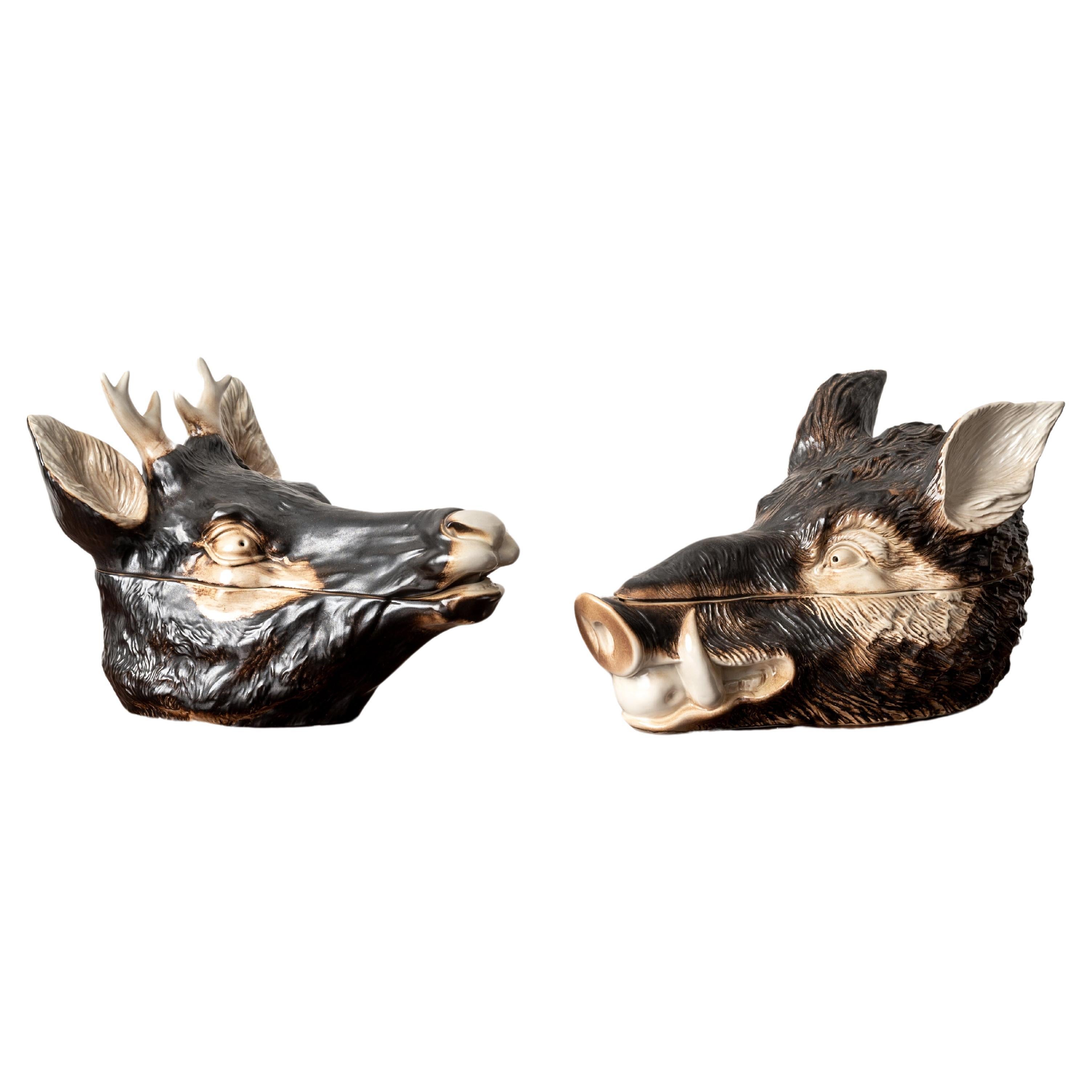 Boar and Stag Majolica Tureens For Sale