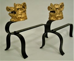 Boar Bronze & Iron Chenet Andirons / Fireplace Decoration