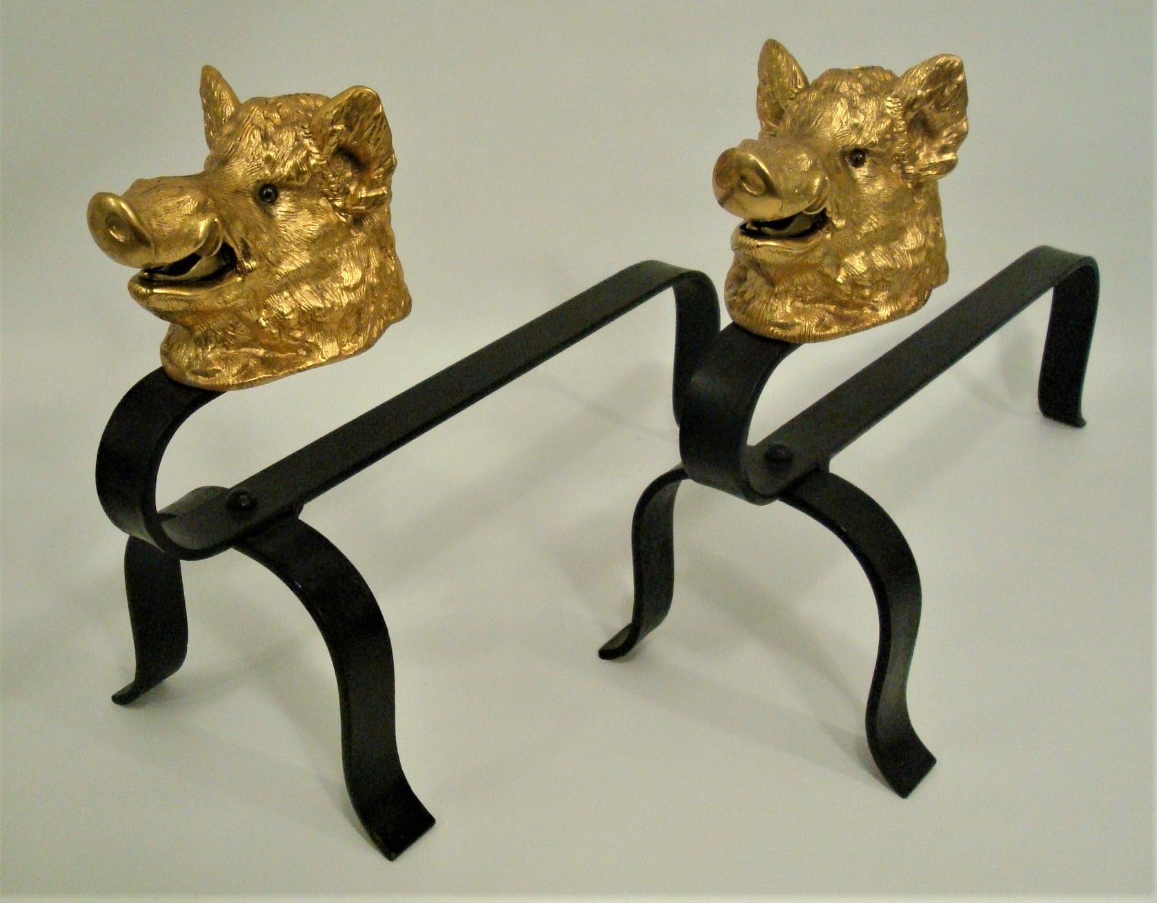 Louis XV Boar Bronze & Iron Chenet Andirons / Fireplace Decoration For Sale