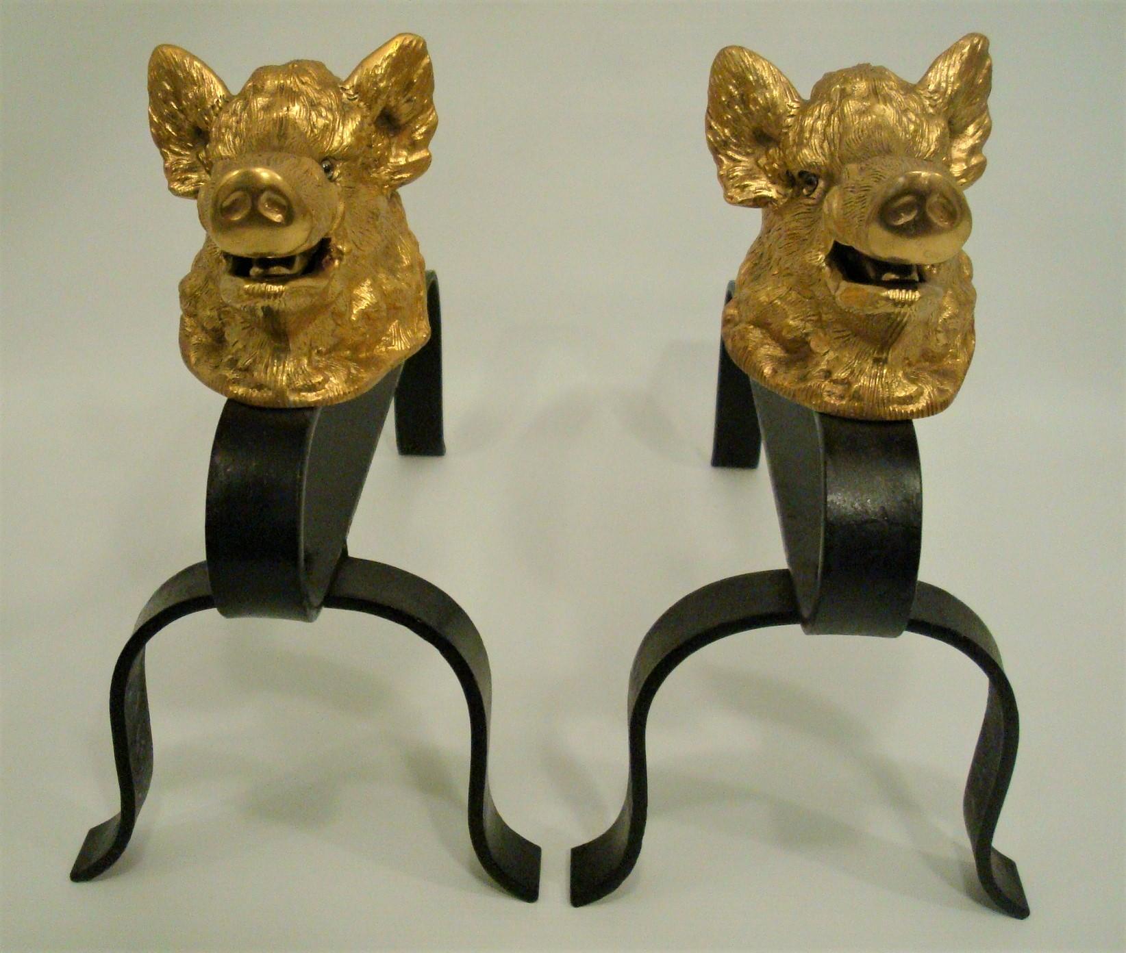 French Boar Bronze & Iron Chenet Andirons / Fireplace Decoration For Sale