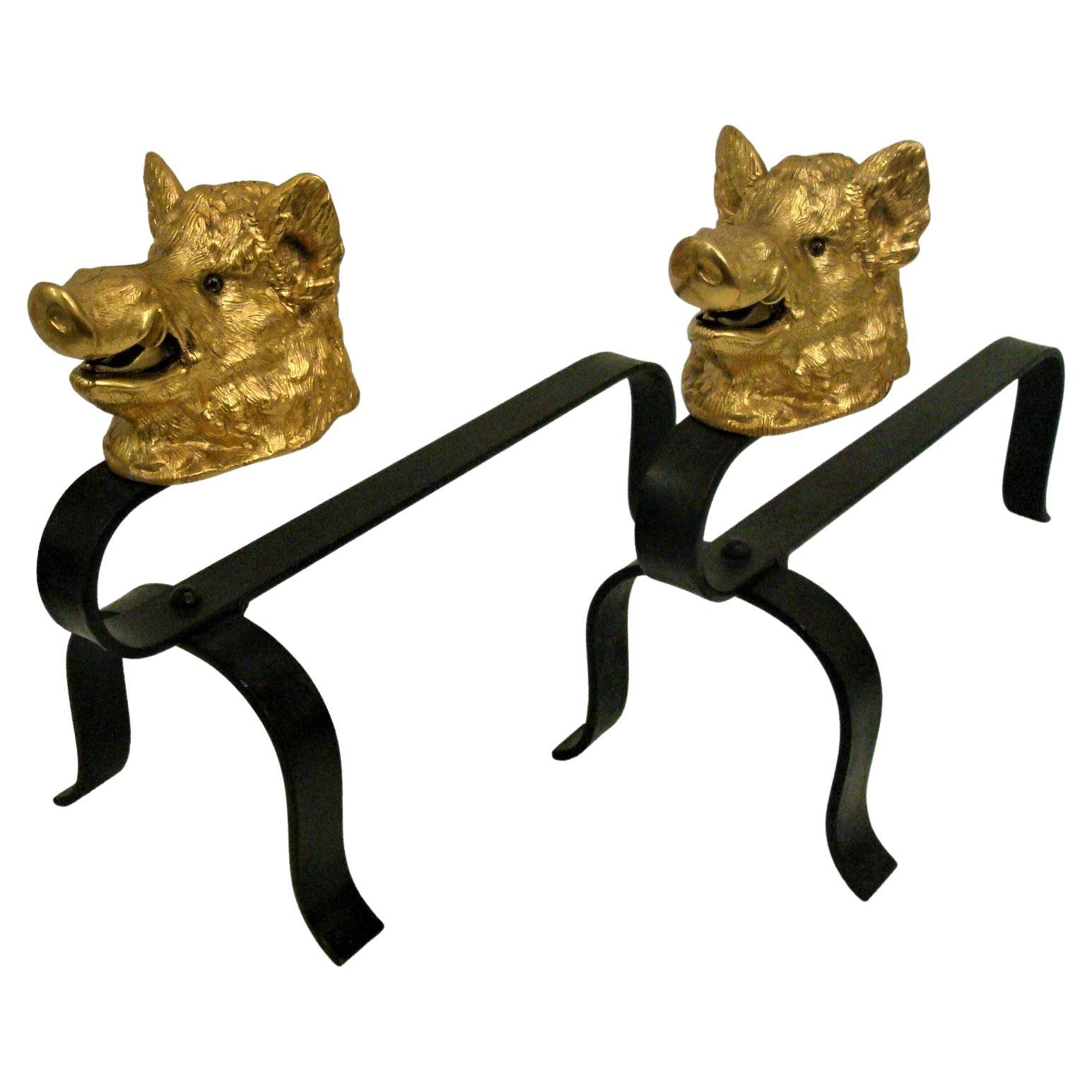 Boar Bronze & Iron Chenet Andirons / Fireplace Decoration For Sale
