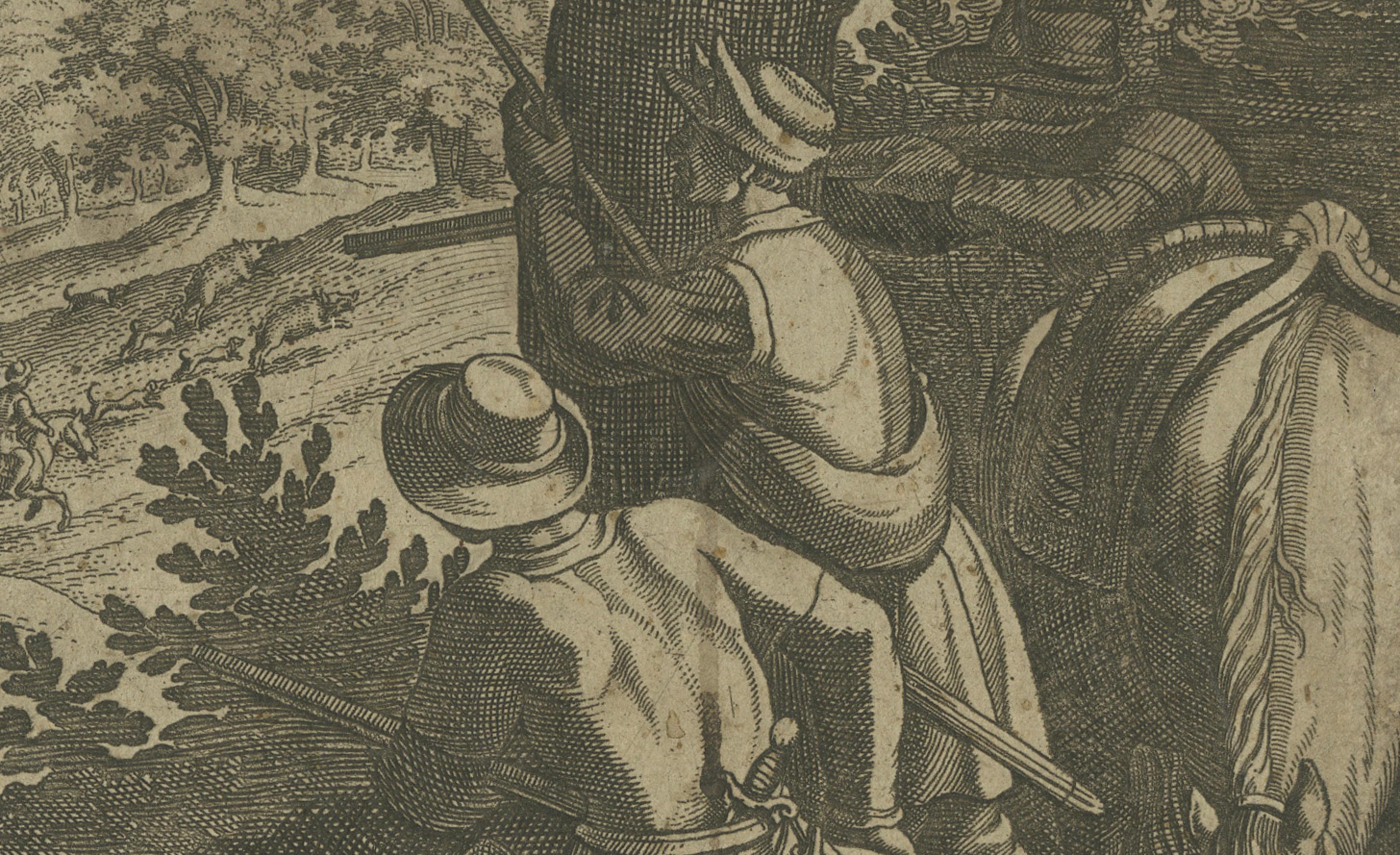 Title: Scena di Caccia al Cinghiale – Boar Hunting Scene by Matthäus Merian, after Antonio Tempesta  

This 17th-century etching, titled Scena di Caccia al Cinghiale (Boar Hunting Scene), was engraved by Matthäus Merian (1593–1650) after a design by