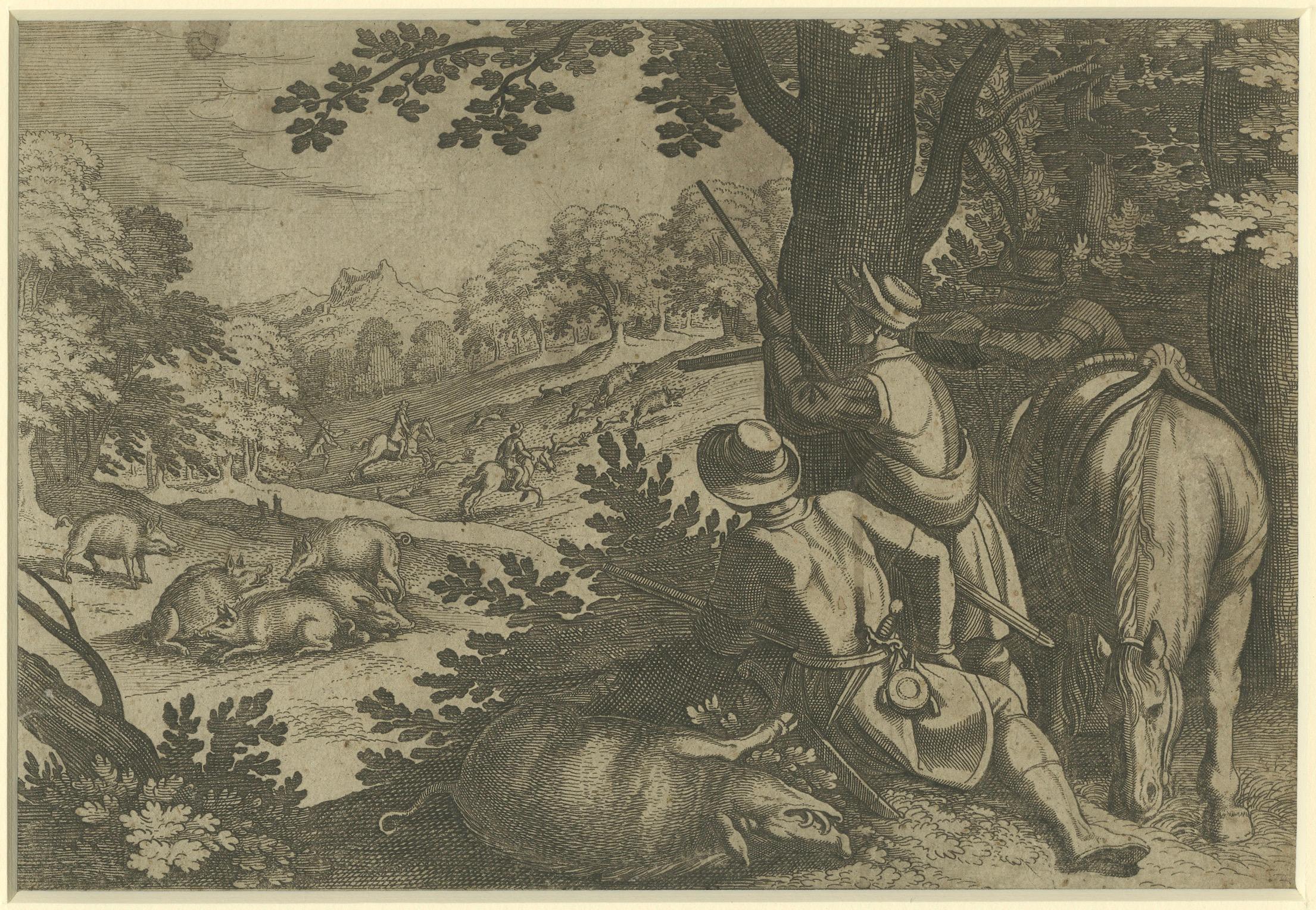 Paper Boar Hunting Scene by Matthäus Merian, after Antonio Tempesta, circa 1630