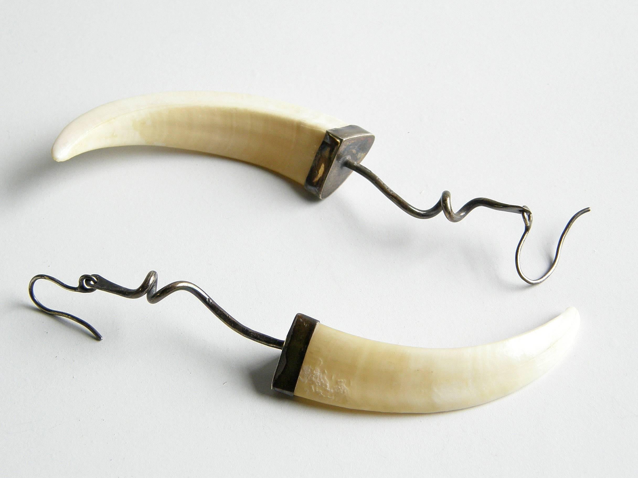 Artisan Boar Tusk and Sterling Earrings by Chicago Jeweler Theodore Drendel  For Sale