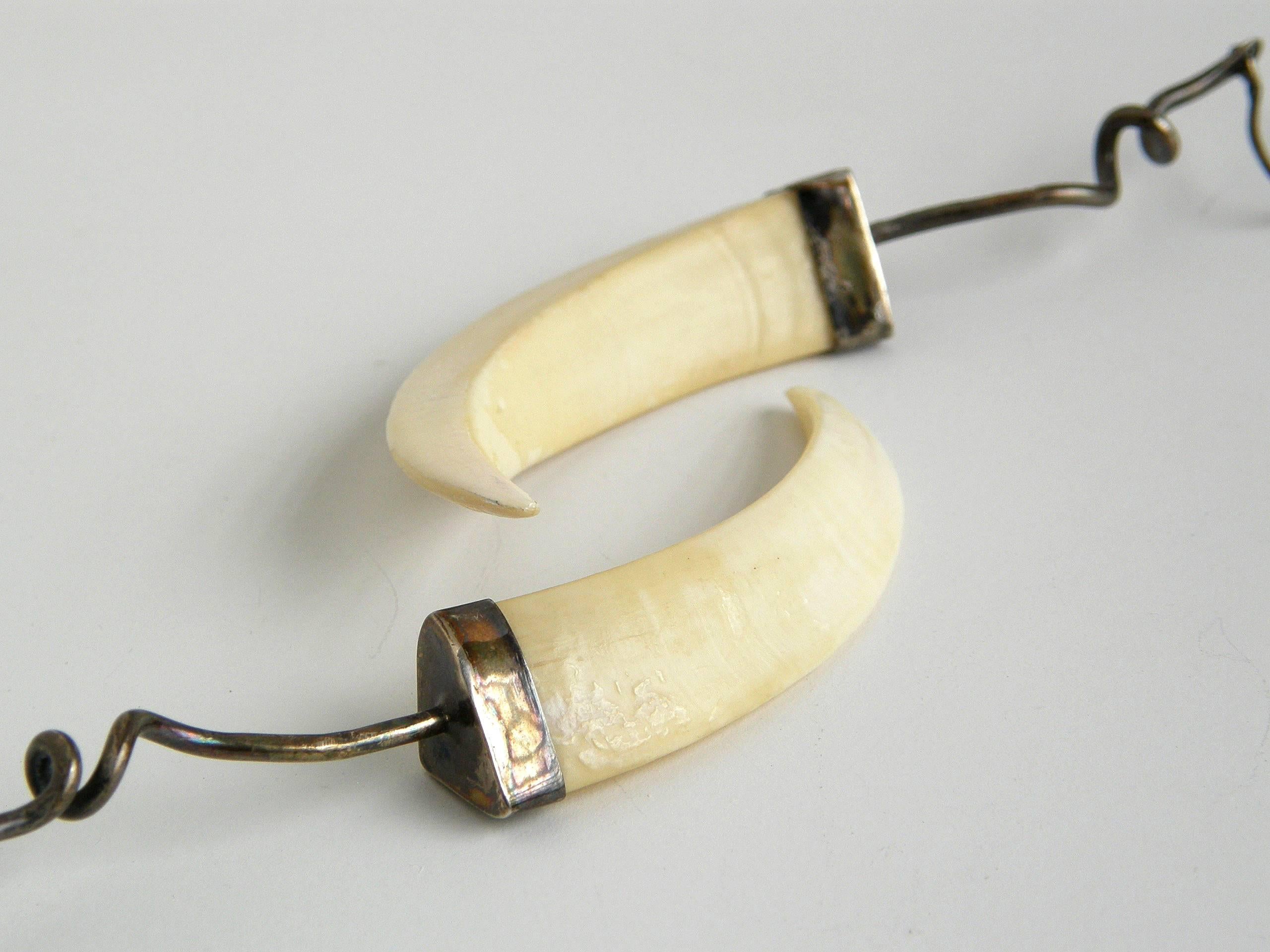 Women's or Men's Boar Tusk and Sterling Earrings by Chicago Jeweler Theodore Drendel  For Sale