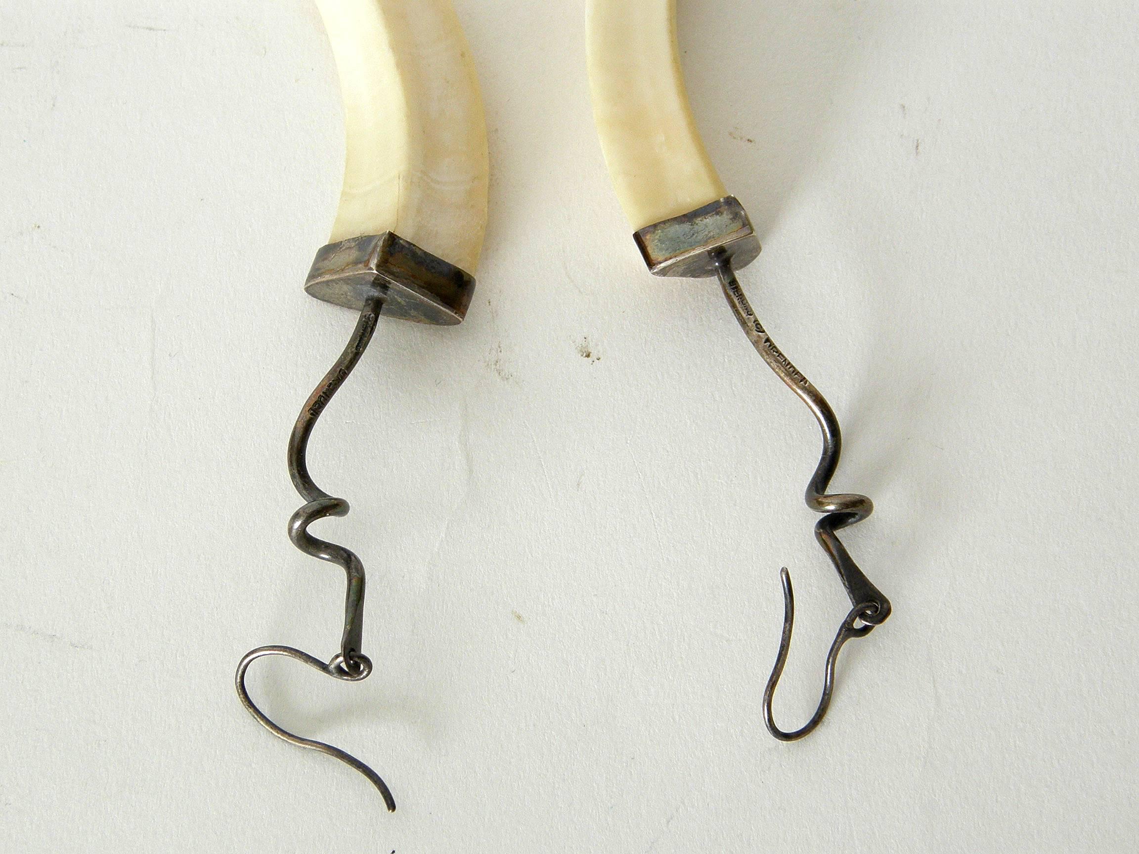 Boar Tusk and Sterling Earrings by Chicago Jeweler Theodore Drendel  For Sale 1