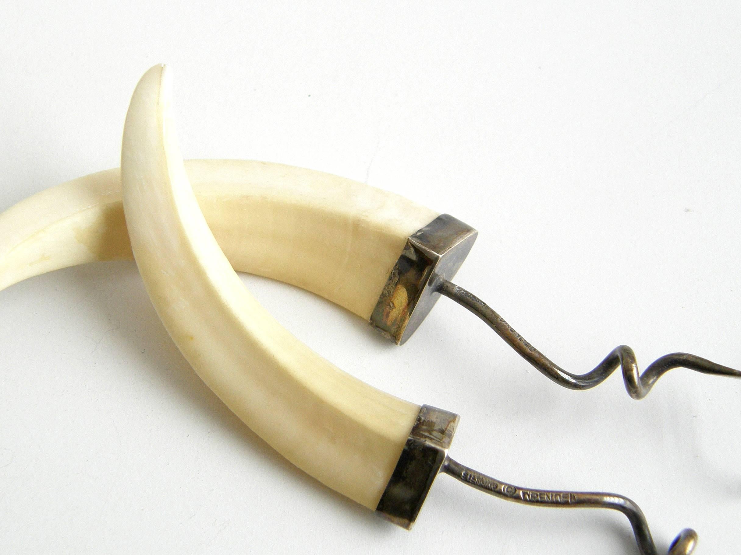 Boar Tusk and Sterling Earrings by Chicago Jeweler Theodore Drendel  For Sale 2