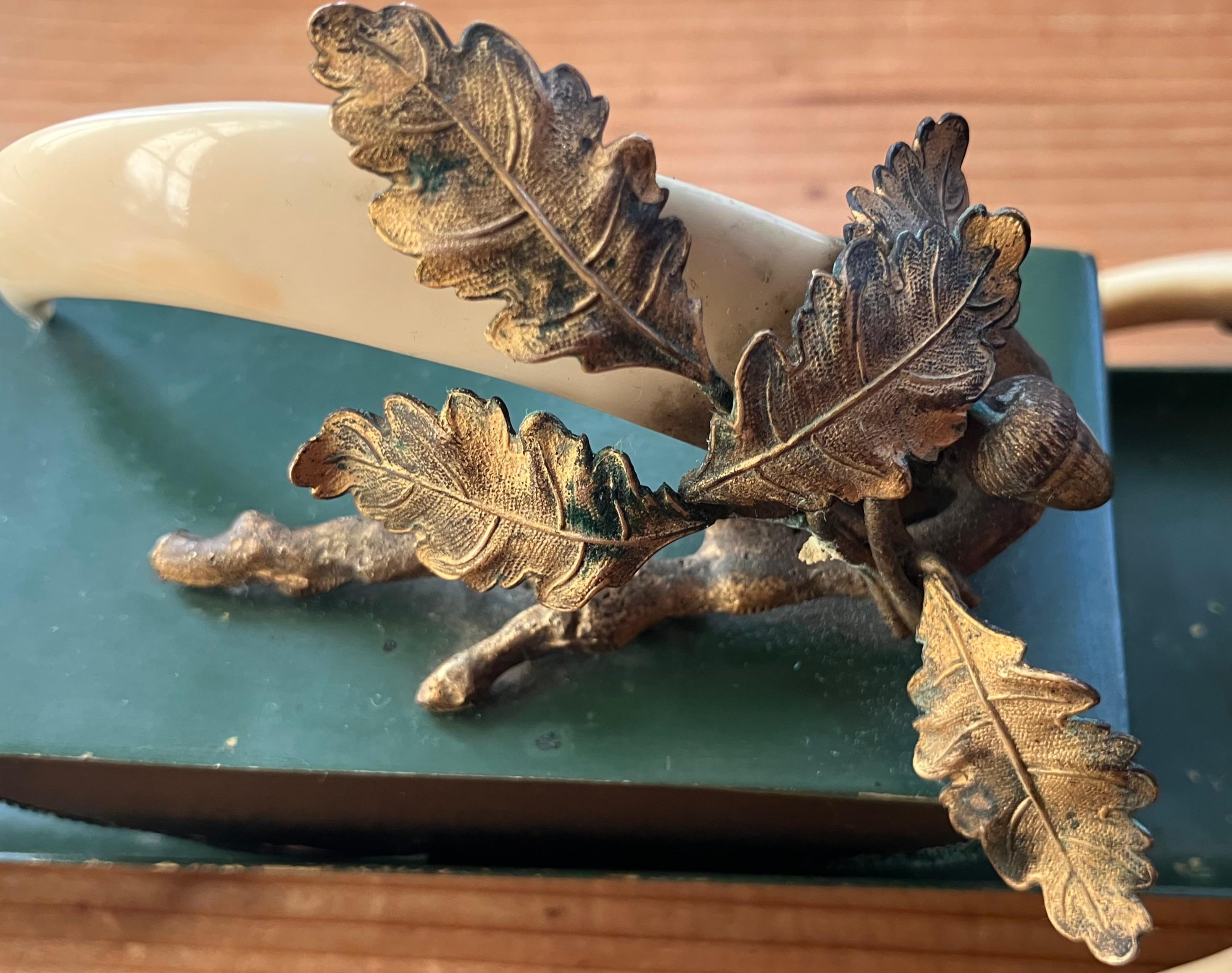 Metal Boar Tusk Oak Leaf and Acorn Desk Blotter For Sale