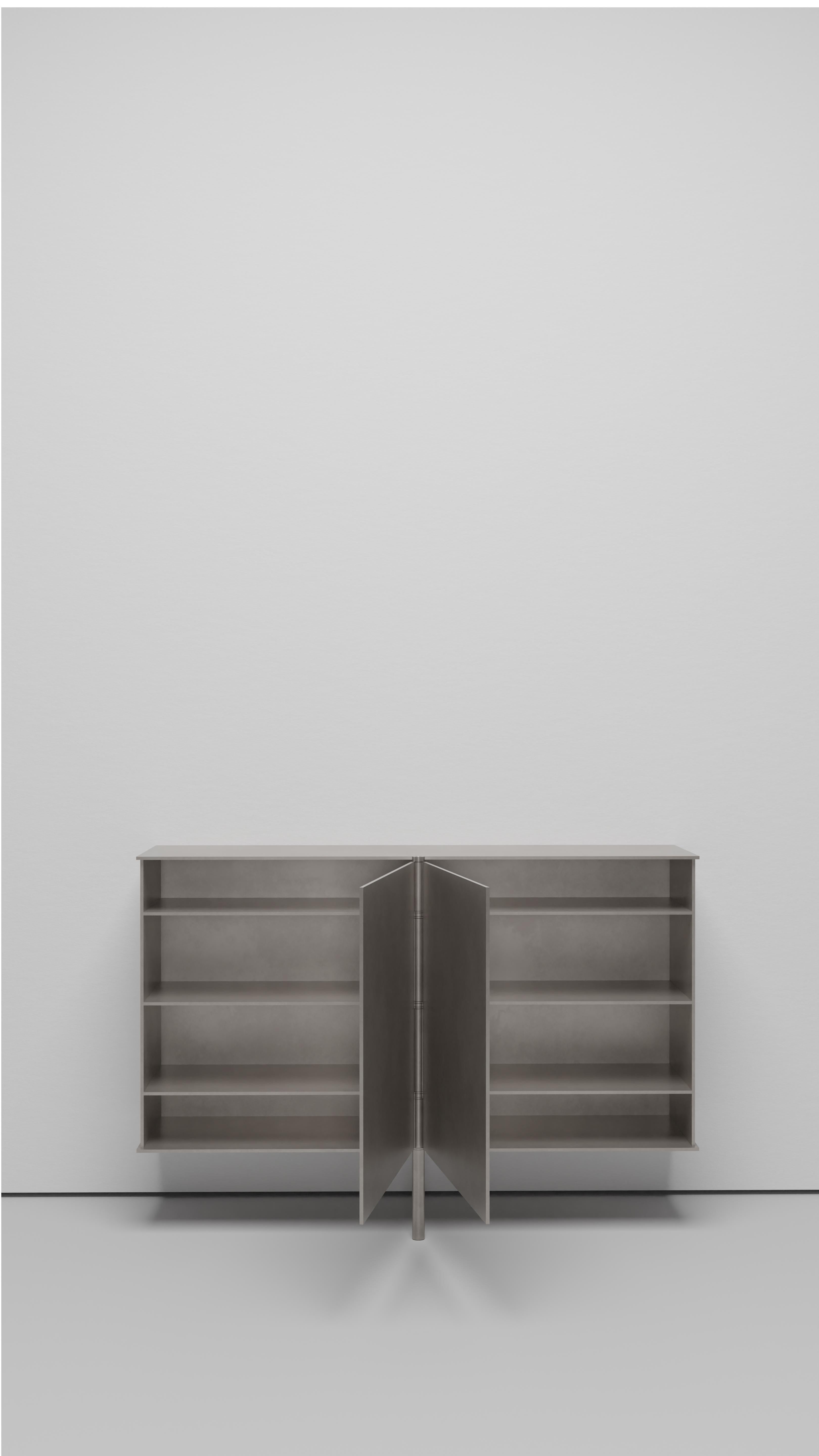 Minimalist Board Game Cabinet Wall Mounted Shelf in Waxed Aluminum Plate by Jonathan Nesci For Sale