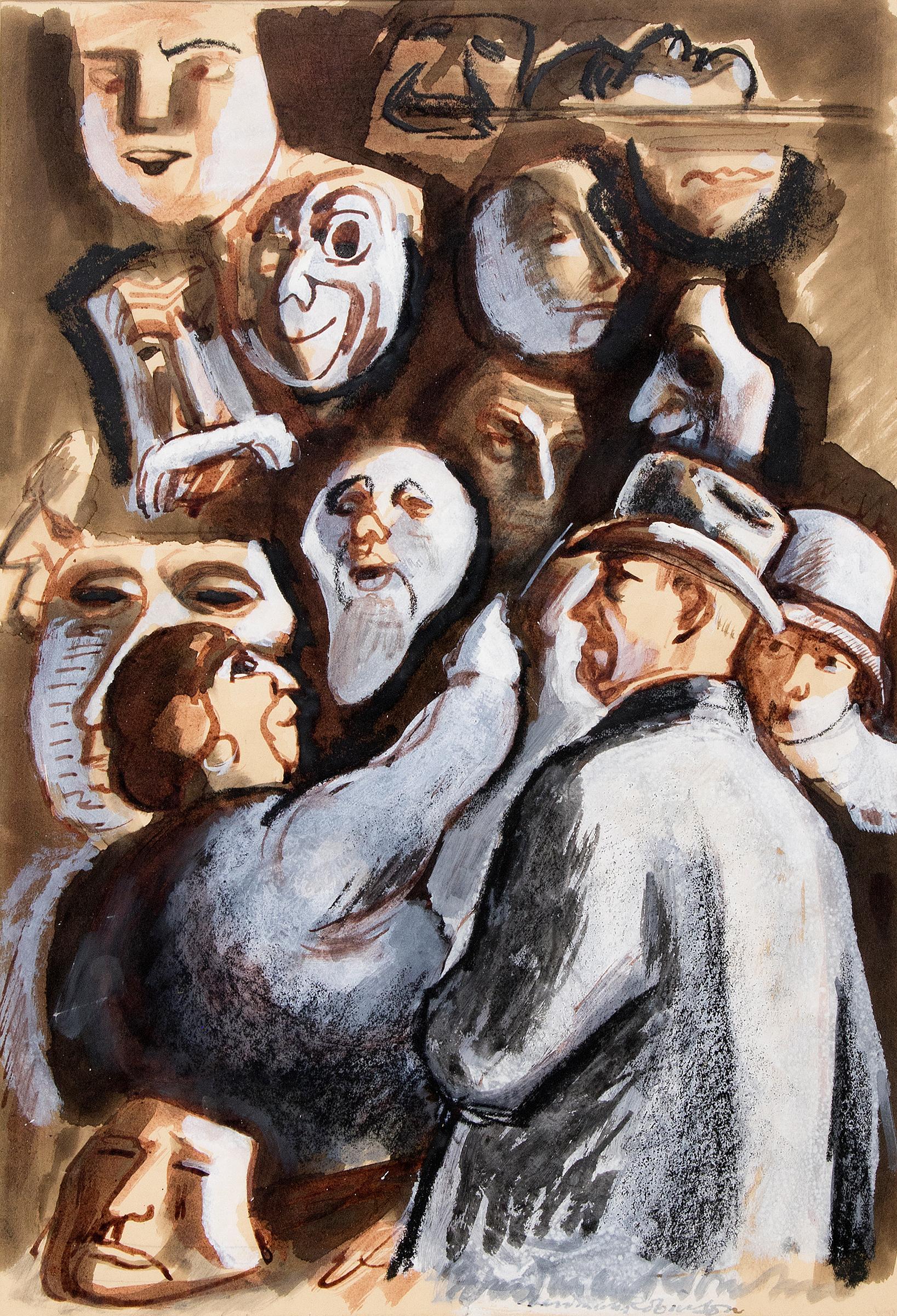 "The Vendor of Masques", peinture moderniste des années 1930 de Boardman Robinson (1876-1952) représentant un étalage de vendeurs de masques avec des personnages masculins et féminins (probablement dans un cirque à Colorado Springs), peinte en