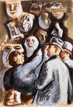 The Vendor of Masques (Masks), Modernist Gouache Painting by Boardman Robinson