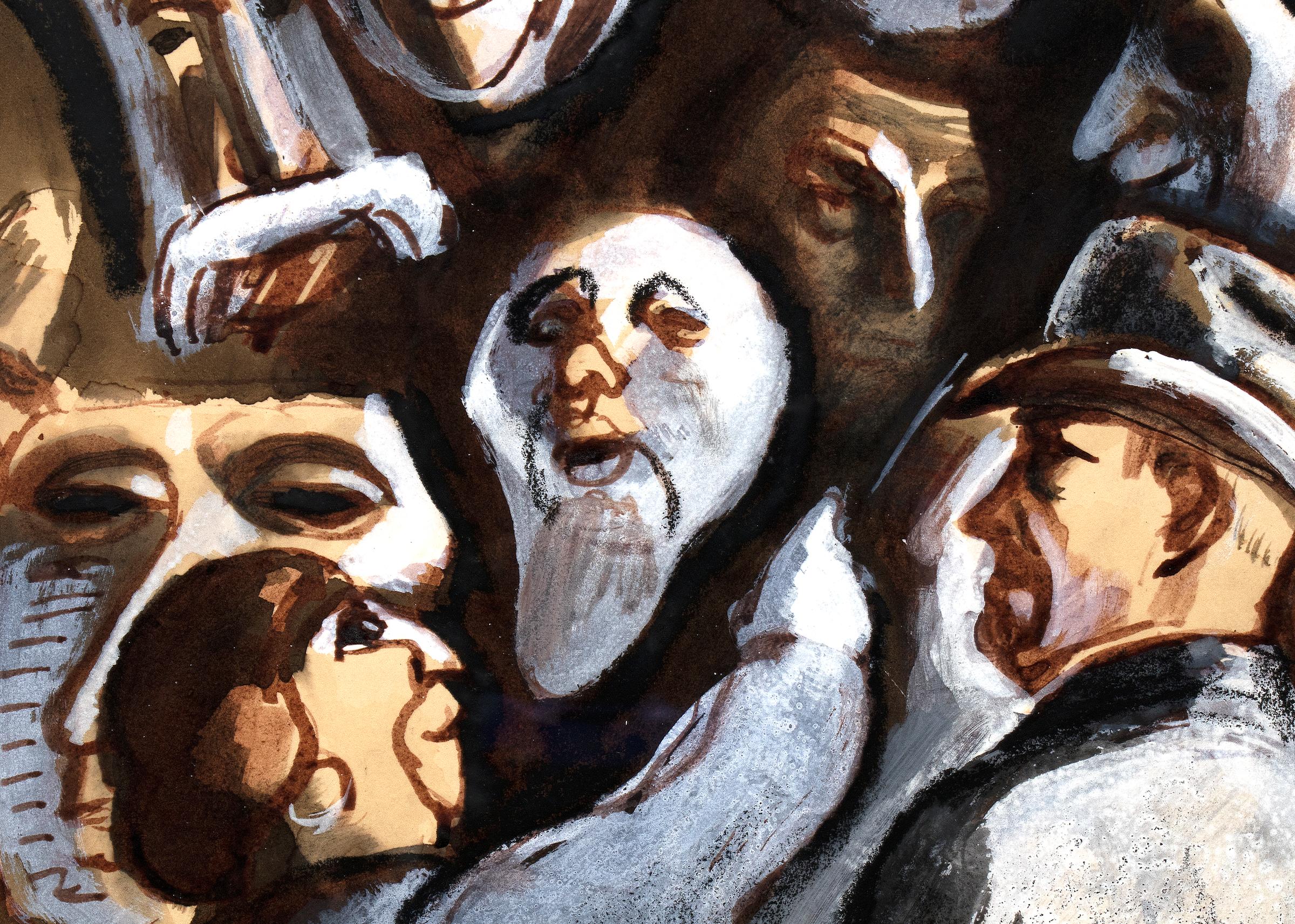 The Vendor of Masques (Masken), modernistisches Gouache-Gemälde von Boardman Robinson im Angebot 3