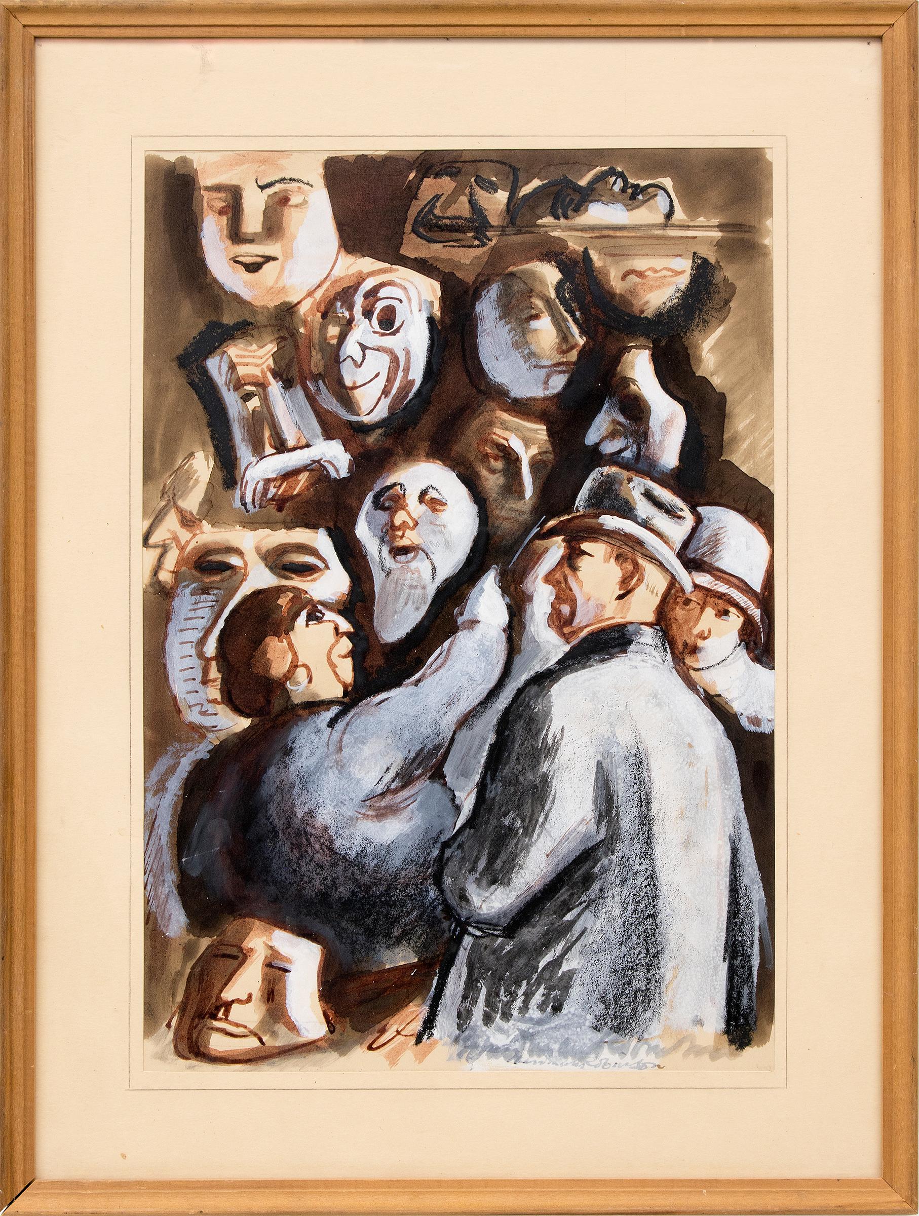 Venditore di maschere, dipinto a guazzo modernista originale degli anni '30 con scena di carnevale - Painting di Boardman Robinson