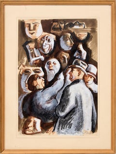 The Vendor of Masques (Masks) Vintage 1930s Modernist Painting Brown White Black