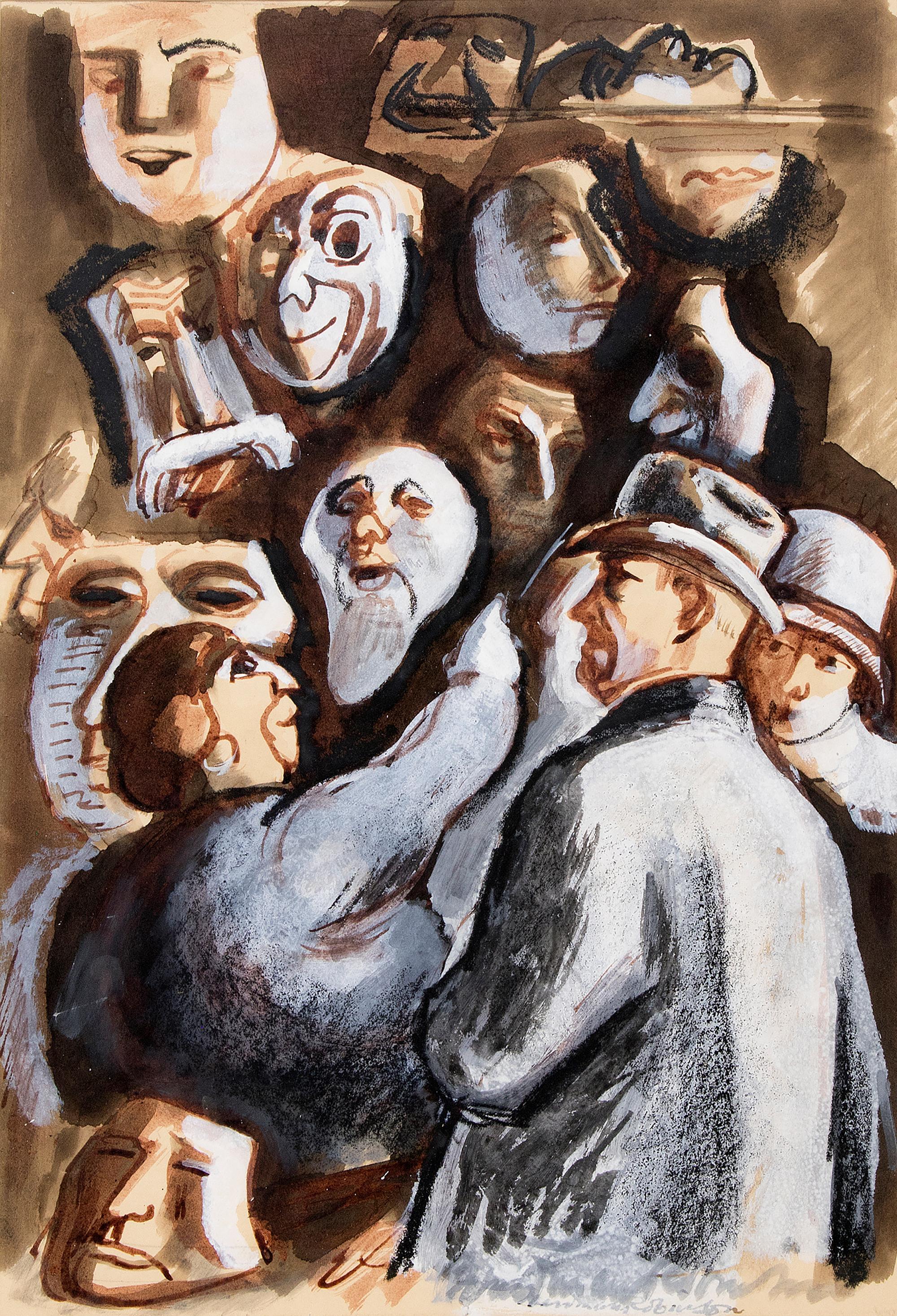 Vendedor de máscaras, pintura gouache modernista original de los años 30 de una escena de carnaval