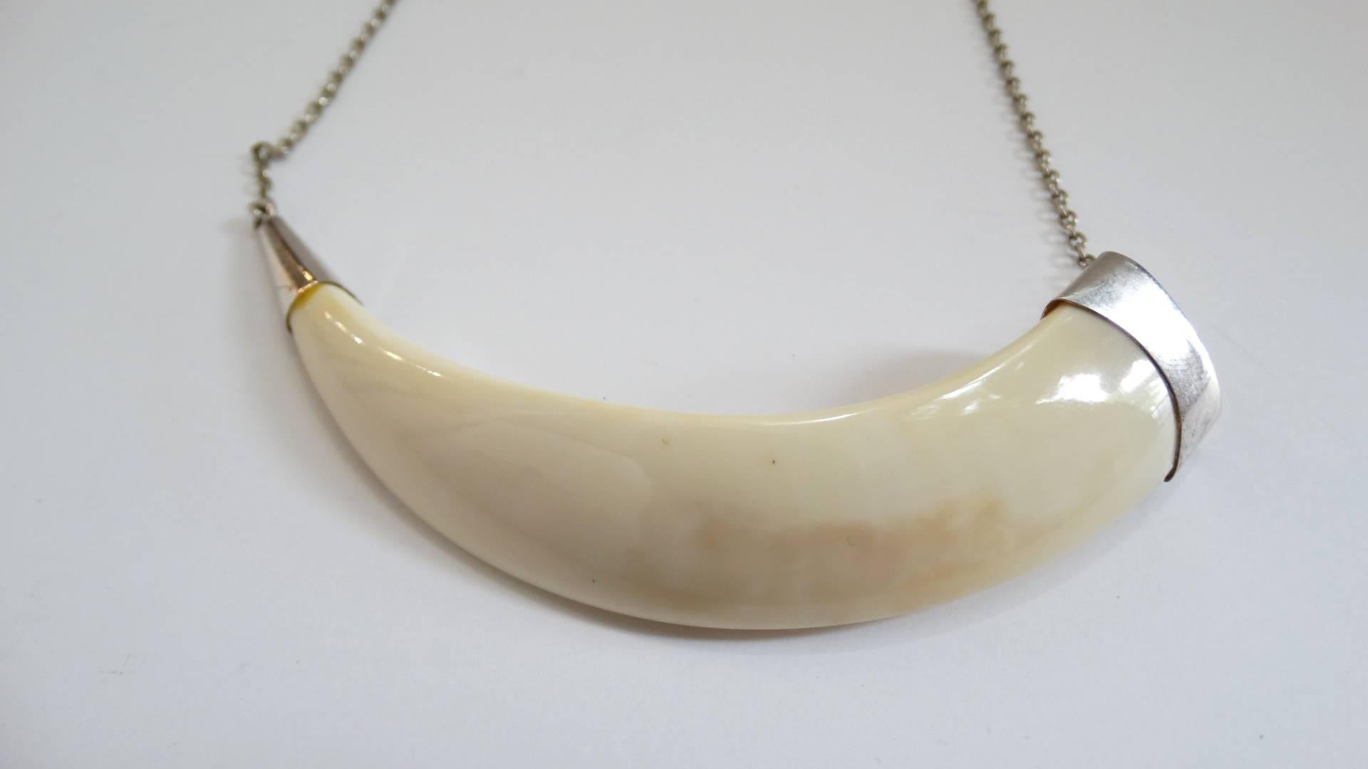 The perfect piece to add to your layered necklace looks- this unique boars tusk necklace! Polished boars tusk encased in sterling silver at either end, each attached to thin silver chain. Signed at the back of the  tusk charm. 


Tusk Pendant Width:
