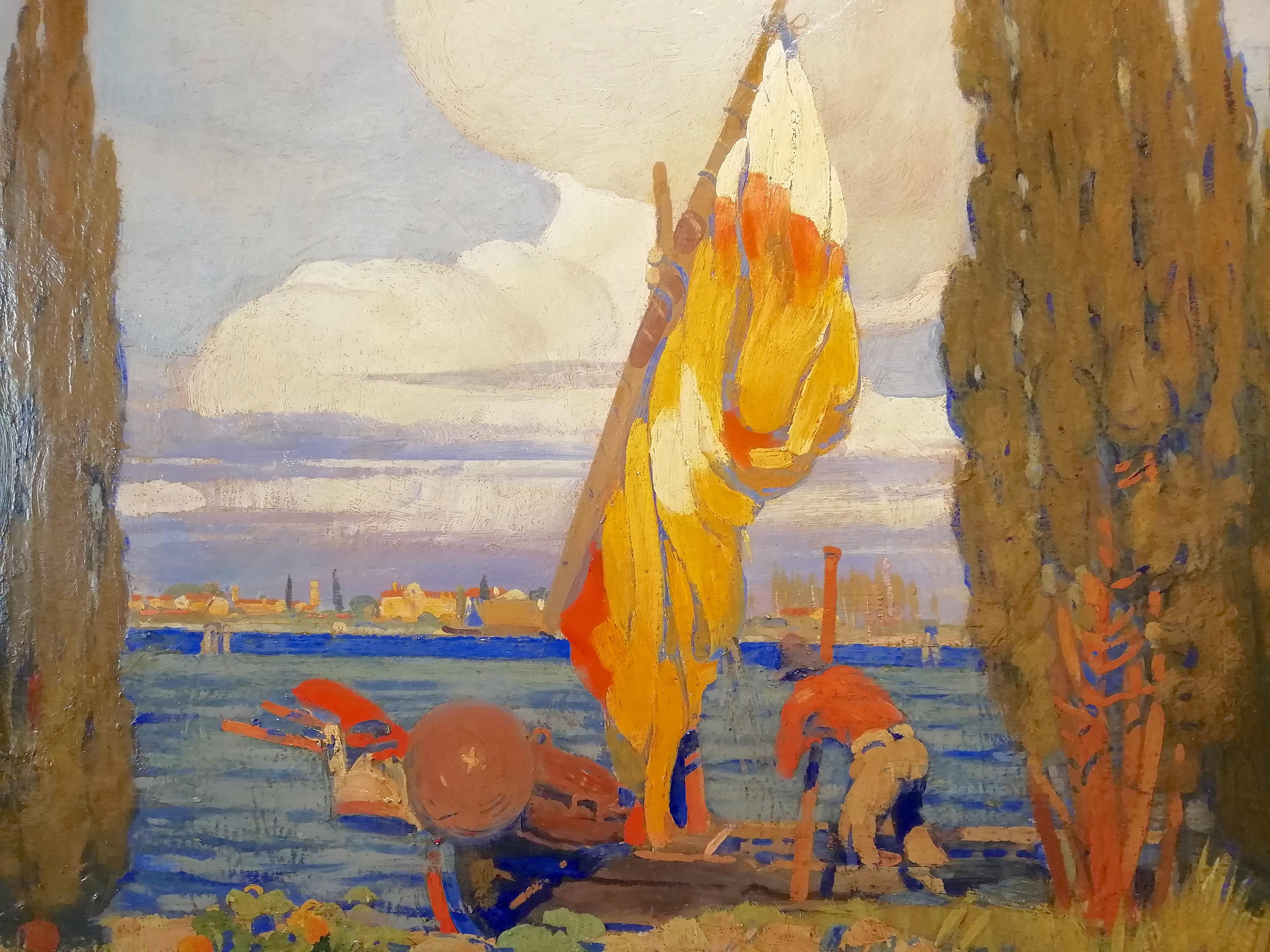 Early 20th Century Boat in the Venice Lagoon, Zanetti Zilla Oil Italian Painting Impressionism For Sale