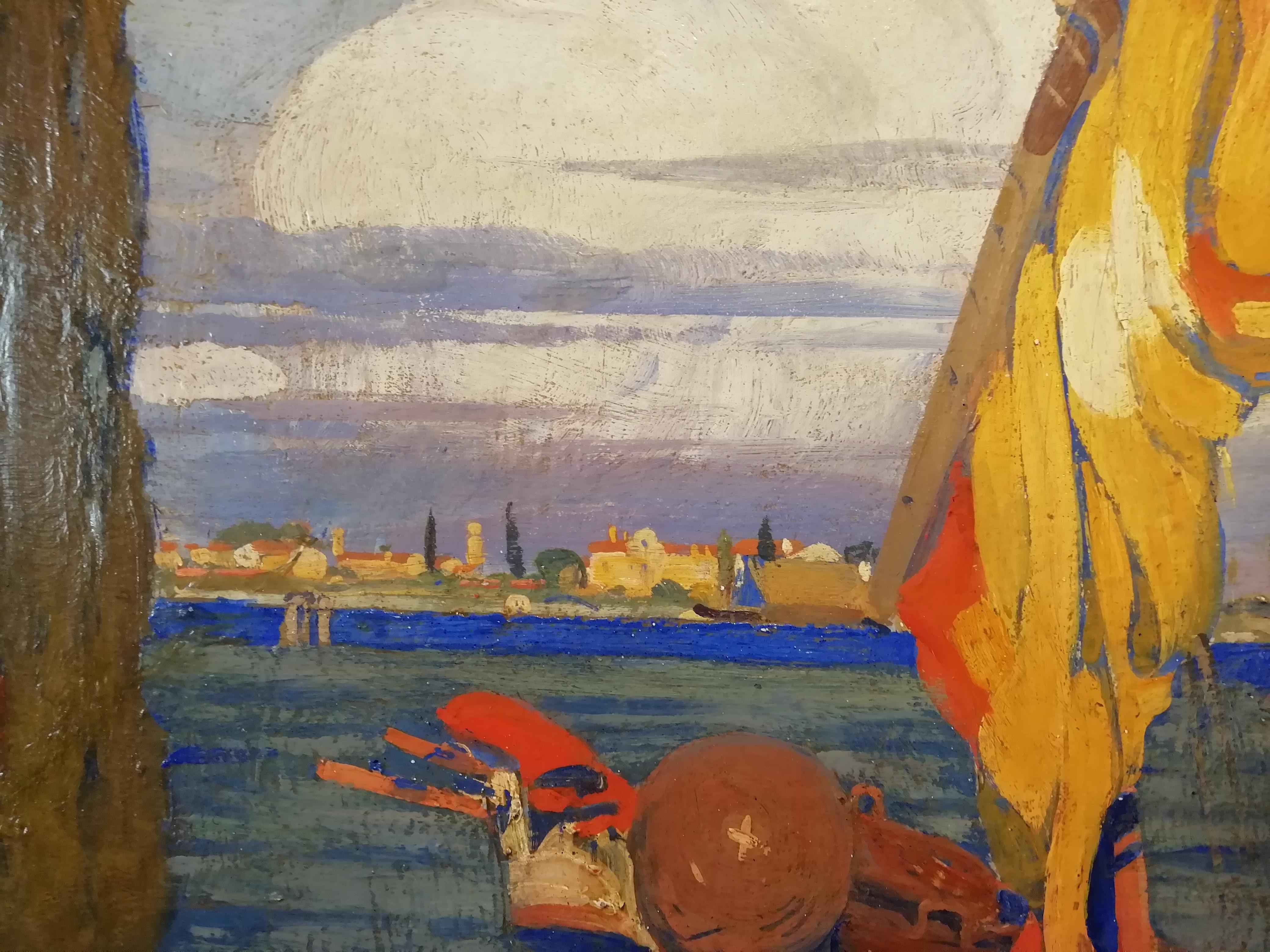 Wood Boat in the Venice Lagoon, Zanetti Zilla Oil Italian Painting Impressionism For Sale