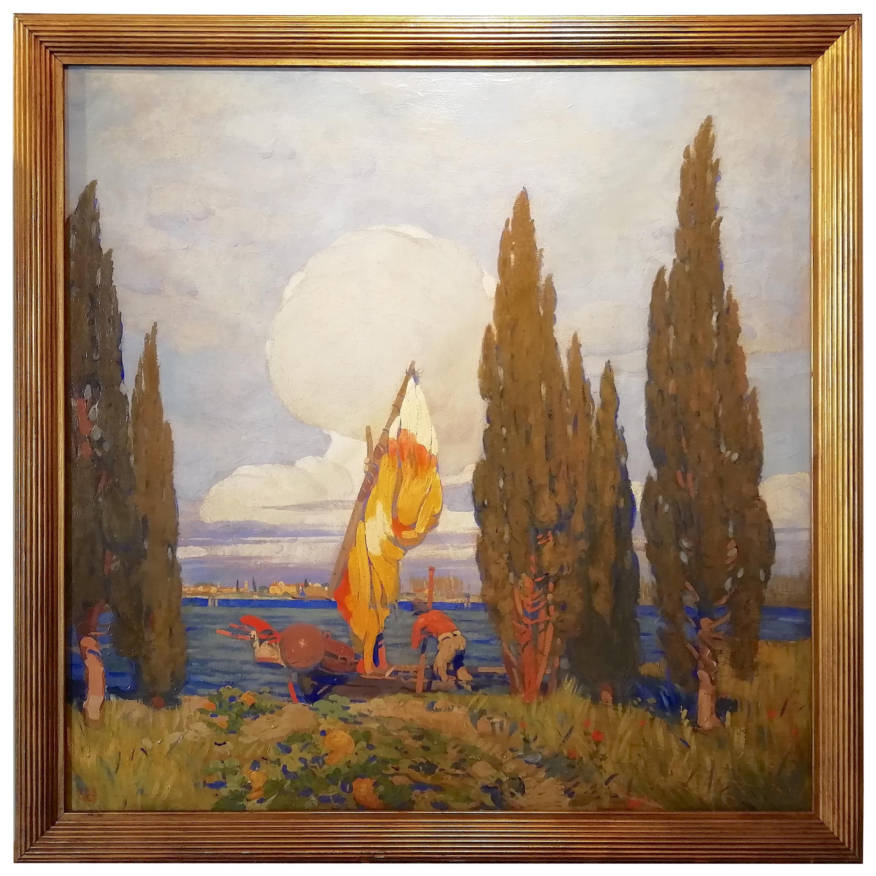 Boat in the Venice Lagoon, Zanetti Zilla Oil Italian Painting Impressionism For Sale