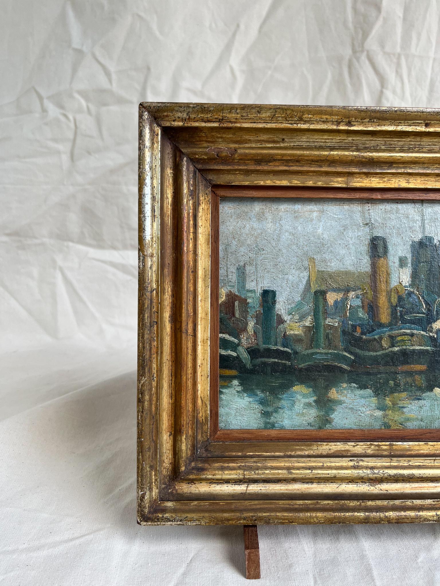 French Boat port in Oil on Wood For Sale