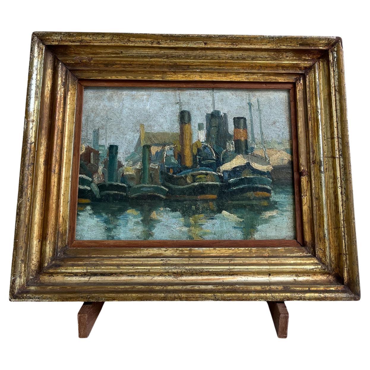 Boat port in Oil on Wood For Sale