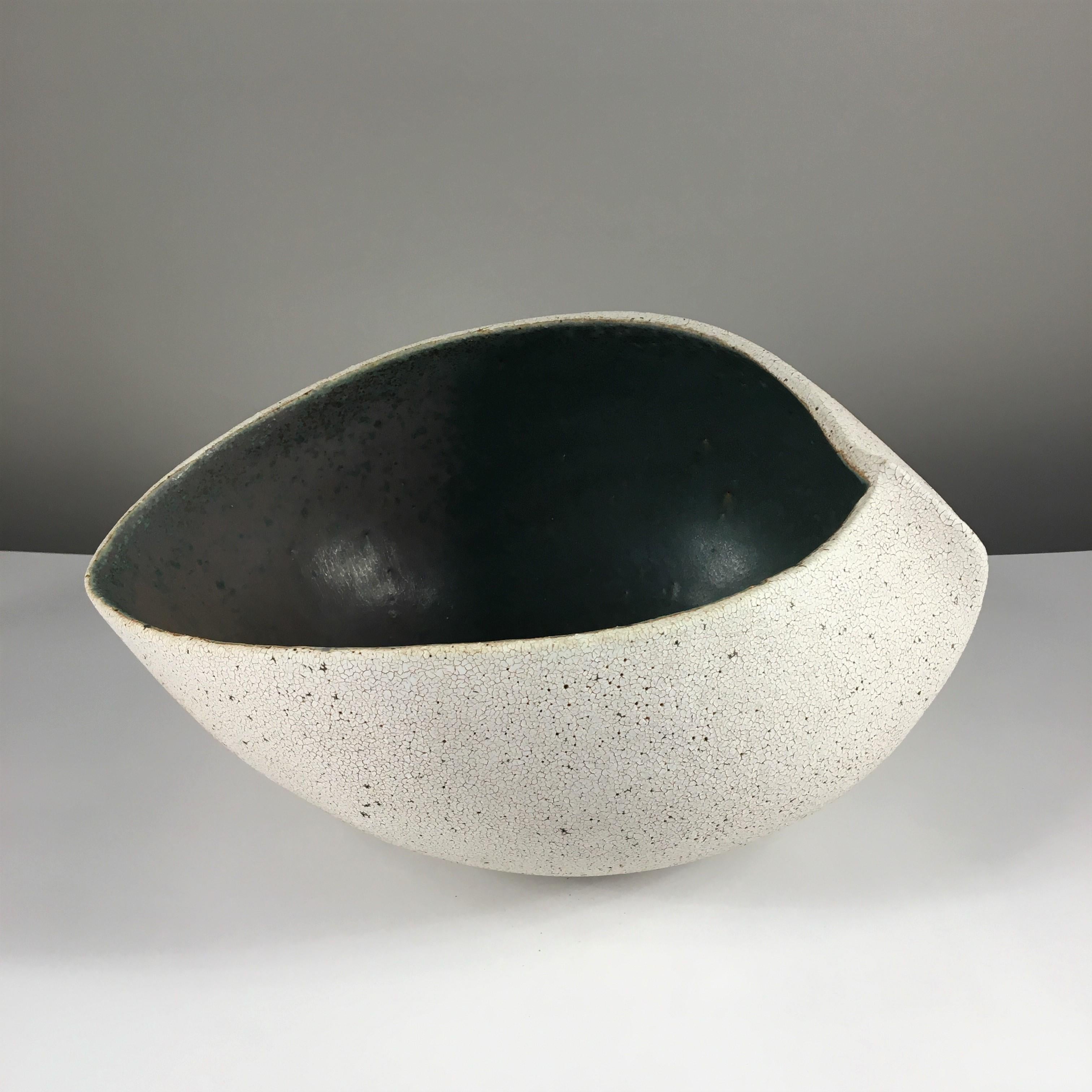 Boat shape ceramic bowl with inner glaze by Yumiko Kuga.  Dimensions: W 13