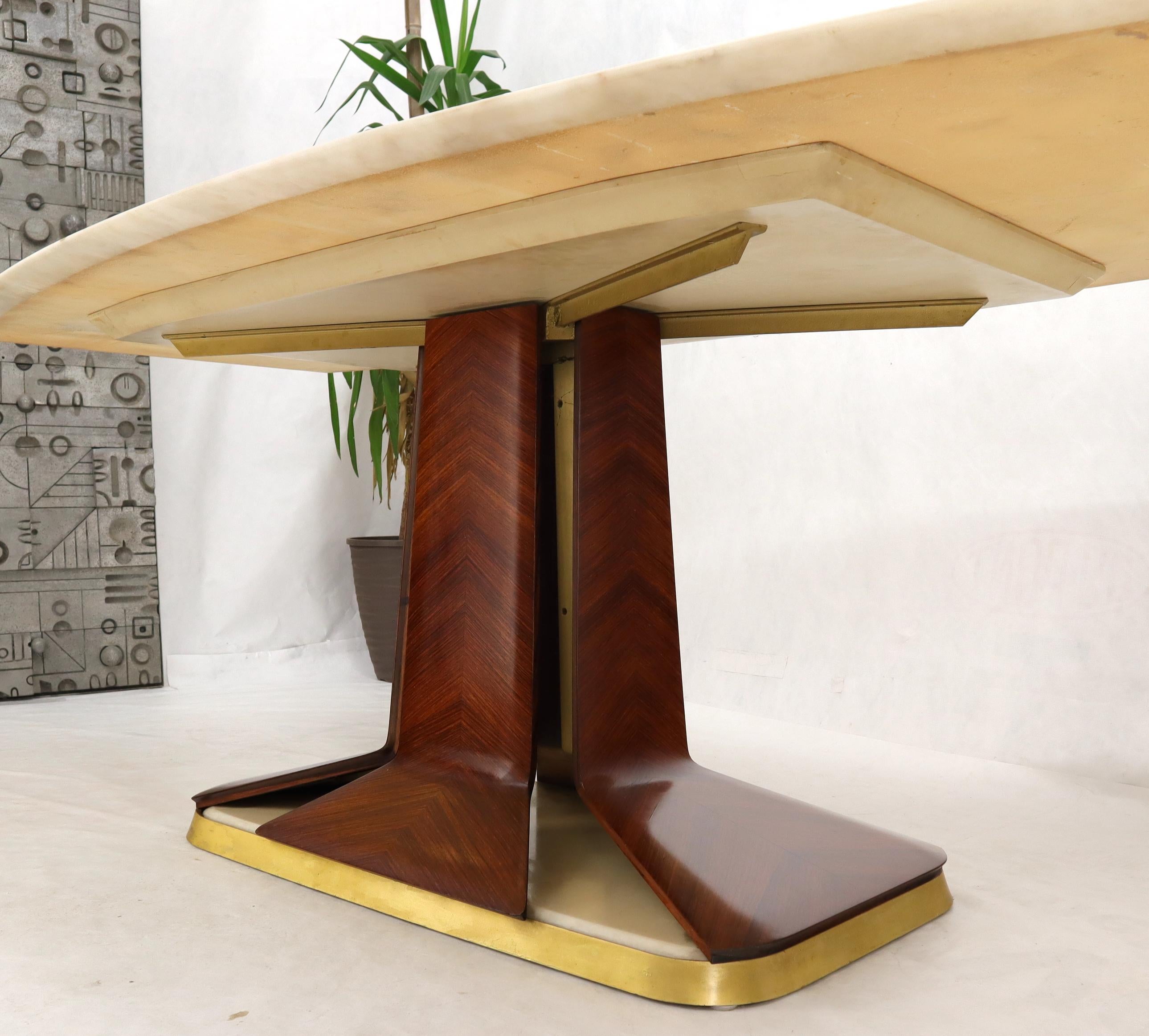 Boat Shape Light Beige Marble Top Bent Satinwood Base Art Deco Dining Table For Sale 3