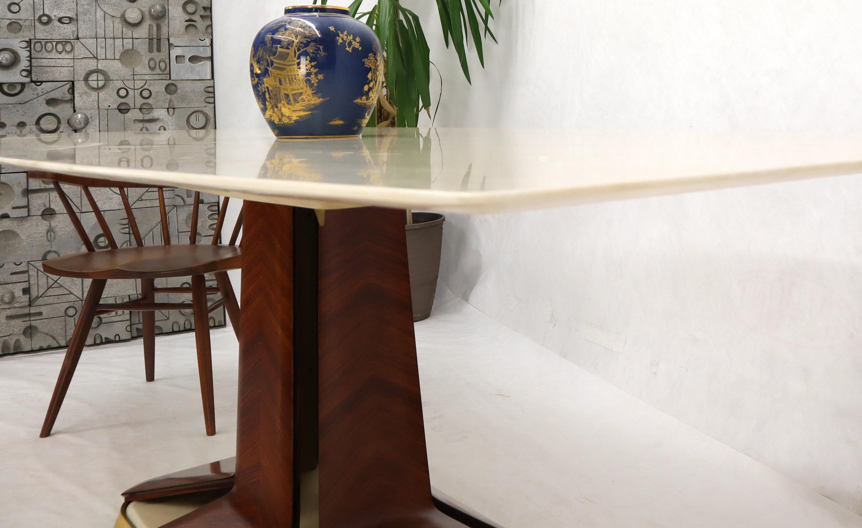 Boat Shape Light Beige Marble Top Bent Satinwood Base Art Deco Dining Table In Good Condition For Sale In Rockaway, NJ