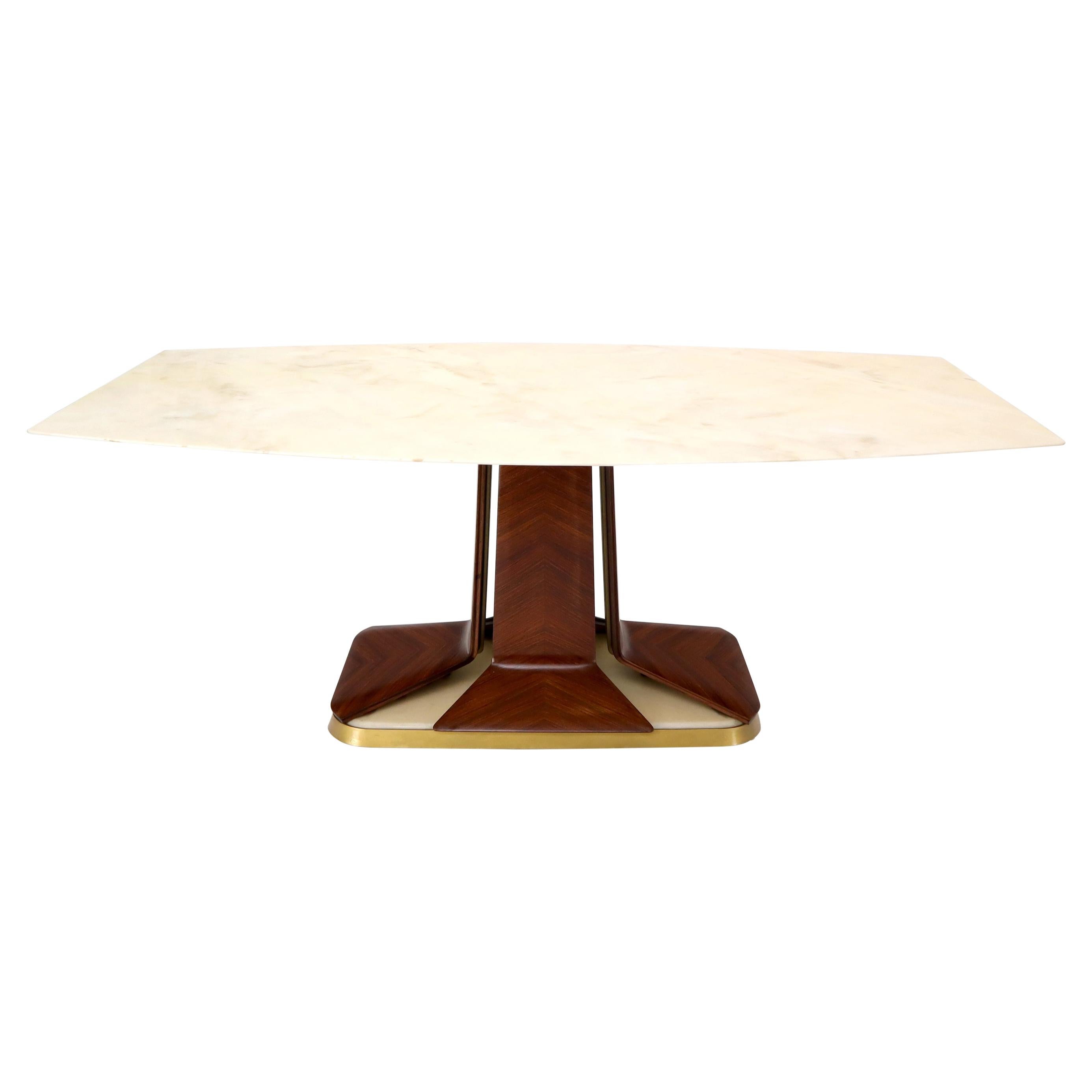 Boat Shape Light Beige Marble Top Bent Satinwood Base Art Deco Dining Table For Sale