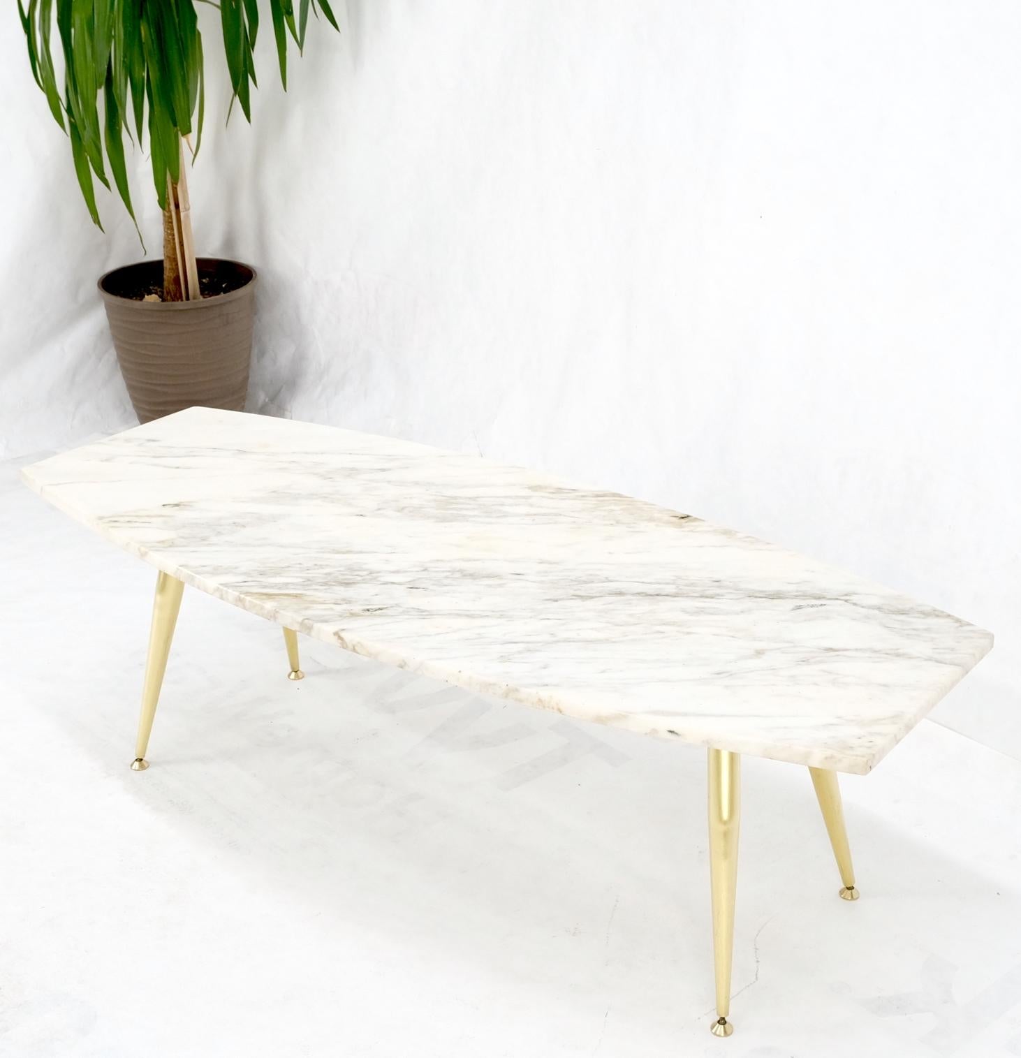 Boat Shape Marble Top Tapered Cone Shape Brass Legs Coffee Table Mint For Sale 5