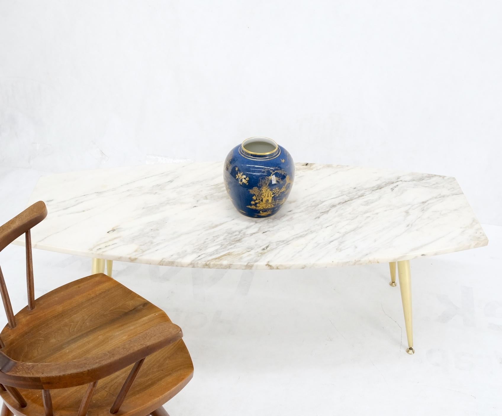 Boat Shape Marble Top Tapered Cone Shape Brass Legs Coffee Table Mint For Sale 6