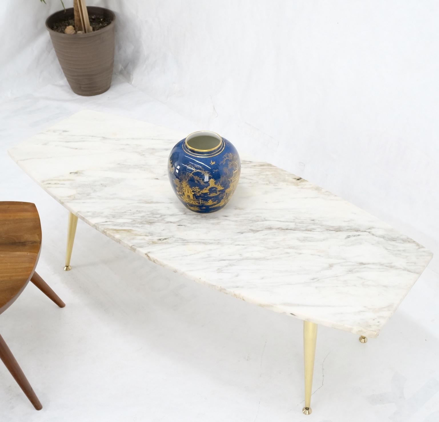 Boat Shape Marble Top Tapered Cone Shape Brass Legs Coffee Table Mint For Sale 9